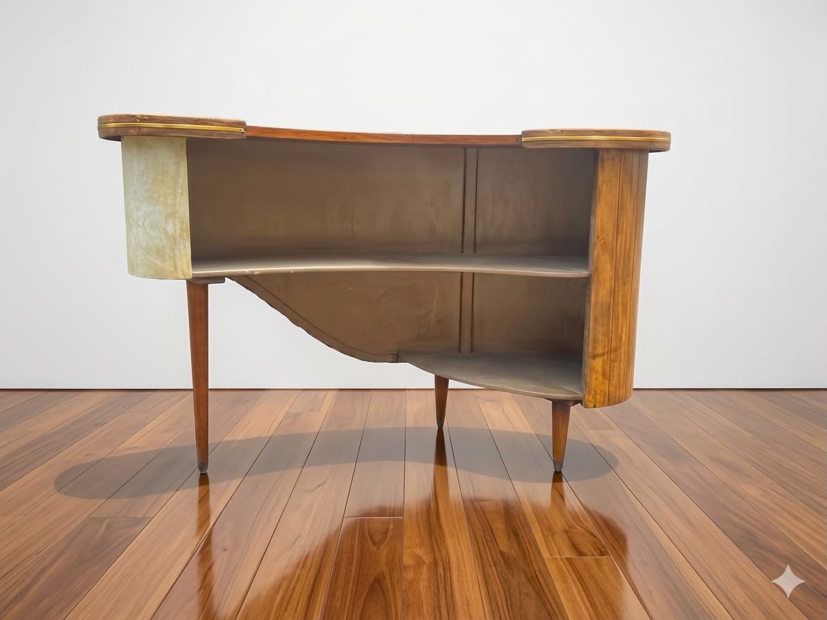 Mid-century sculptural cocktail bar from the 1950s-60s with sleek wooden design, vintage furniture piece by Embajada Vintage.