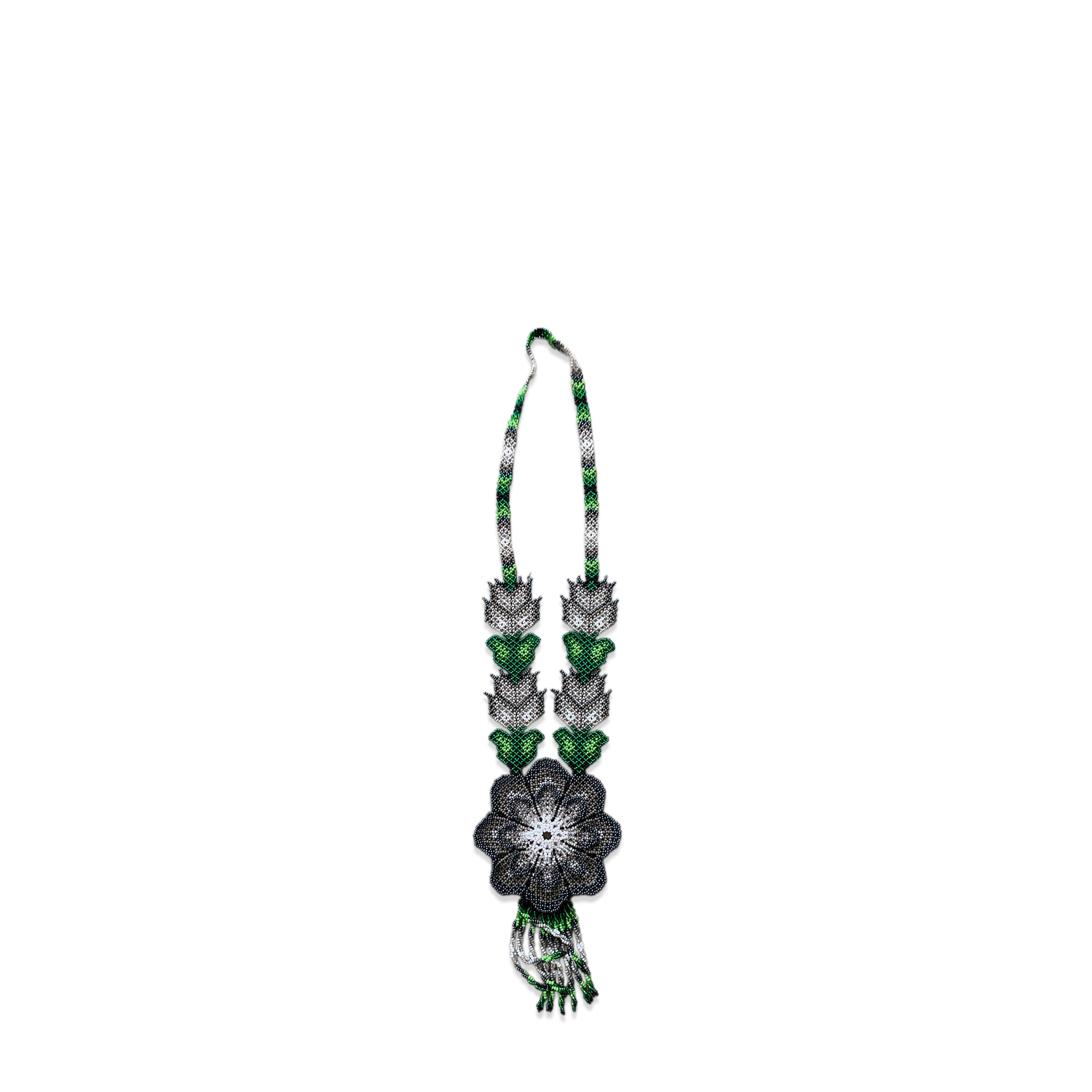 Huichol Chaquira Necklace, Green and gray. C. 1990's.