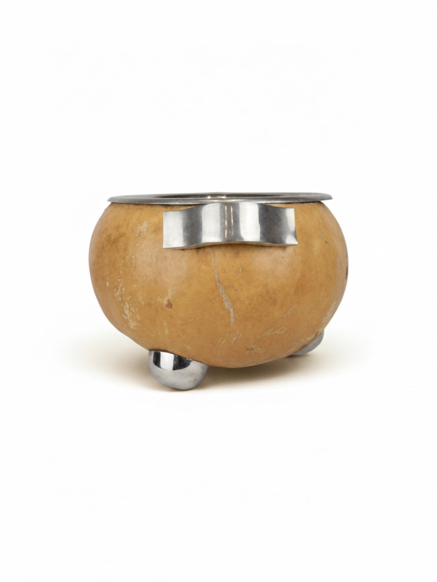 Decorative gourd bowl with metal insert, handmade home decor piece by Embajada Vintage perfect for rustic interior accents.