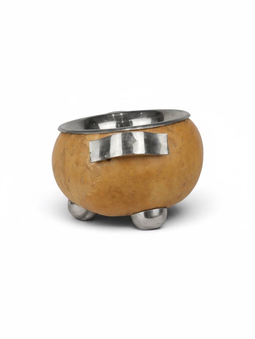 Decorative gourd bowl with metal insert from Embajada Vintage, perfect for rustic home decor display.
