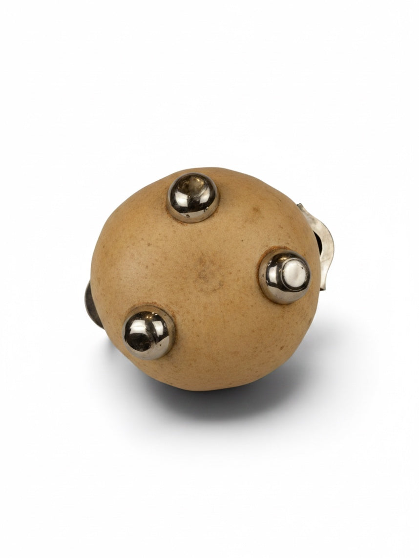 Decorative gourd bowl with metal insert, vintage home decor piece by Embajada Vintage, showcasing natural textures and craftsmanship.