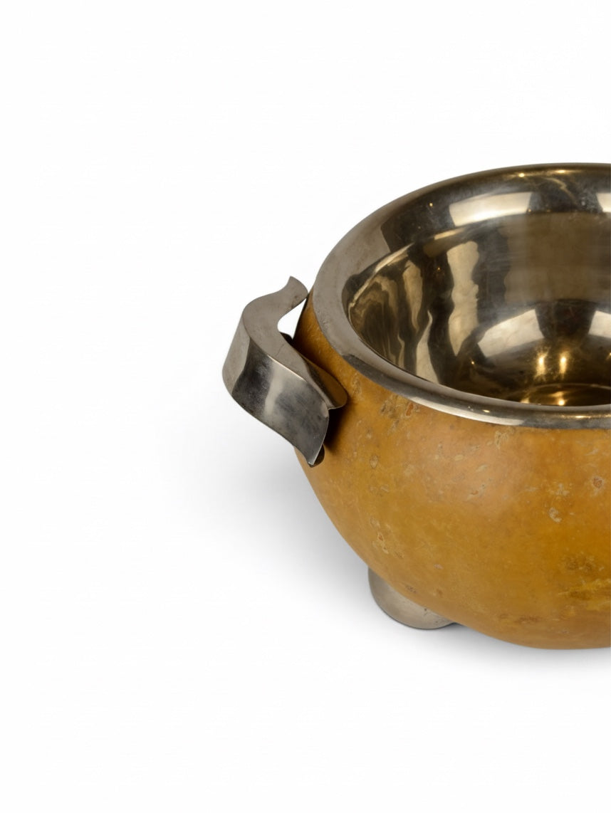 Decorative gourd bowl with metal insert, vintage home decor piece by Embajada Vintage, showcasing a rustic, handcrafted design.