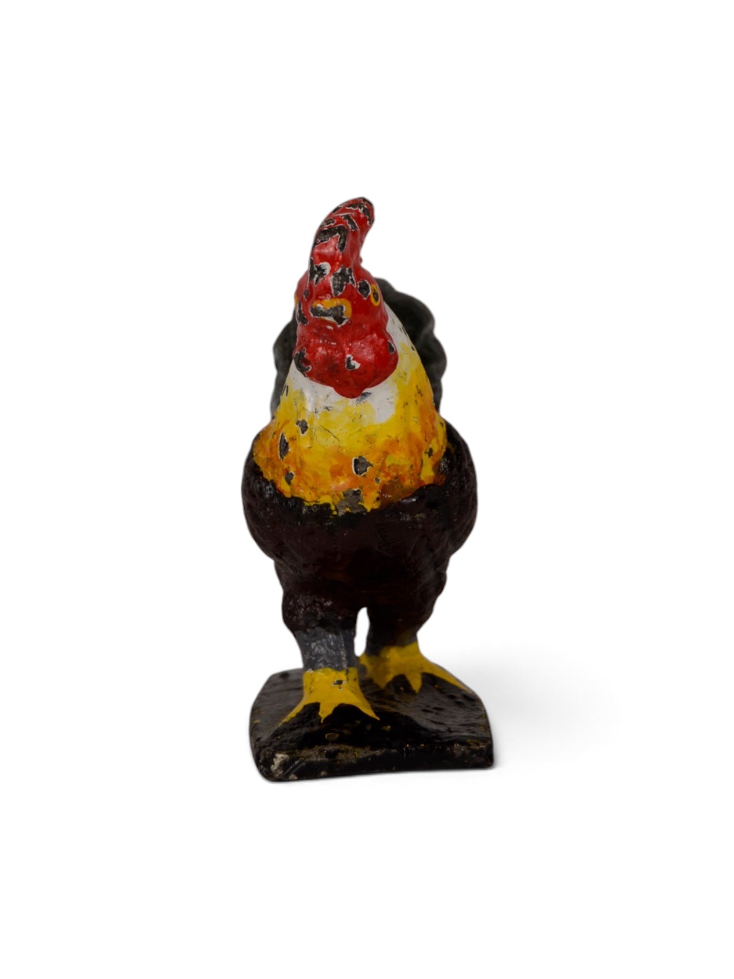 Polychrome iron rooster home decor sculpture by Embajada Vintage, featuring colorful painted detailing and a rustic finish.