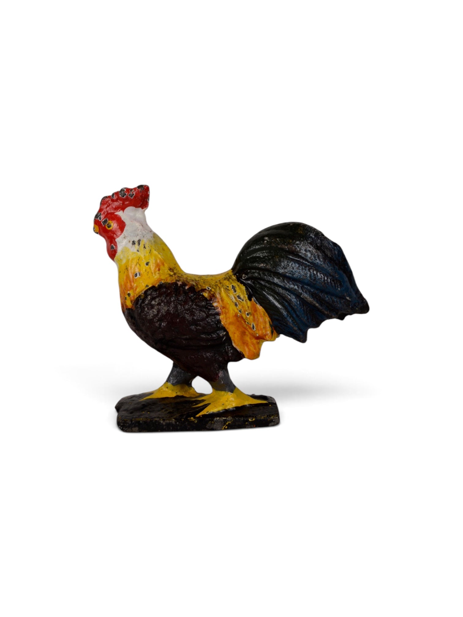 Polychrome iron rooster sculpture from Embajada Vintage, a decorative home decor piece with vibrant multicolor finish.
