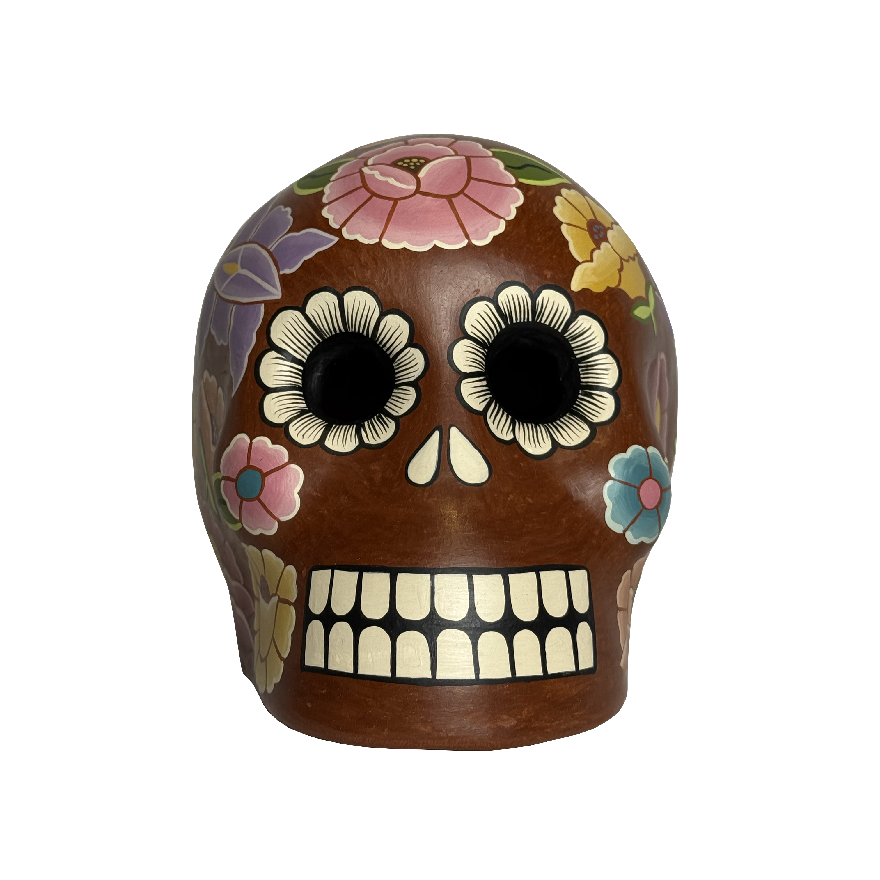 Burnished Dia de Muertos Skull with Hand Painted Flowers