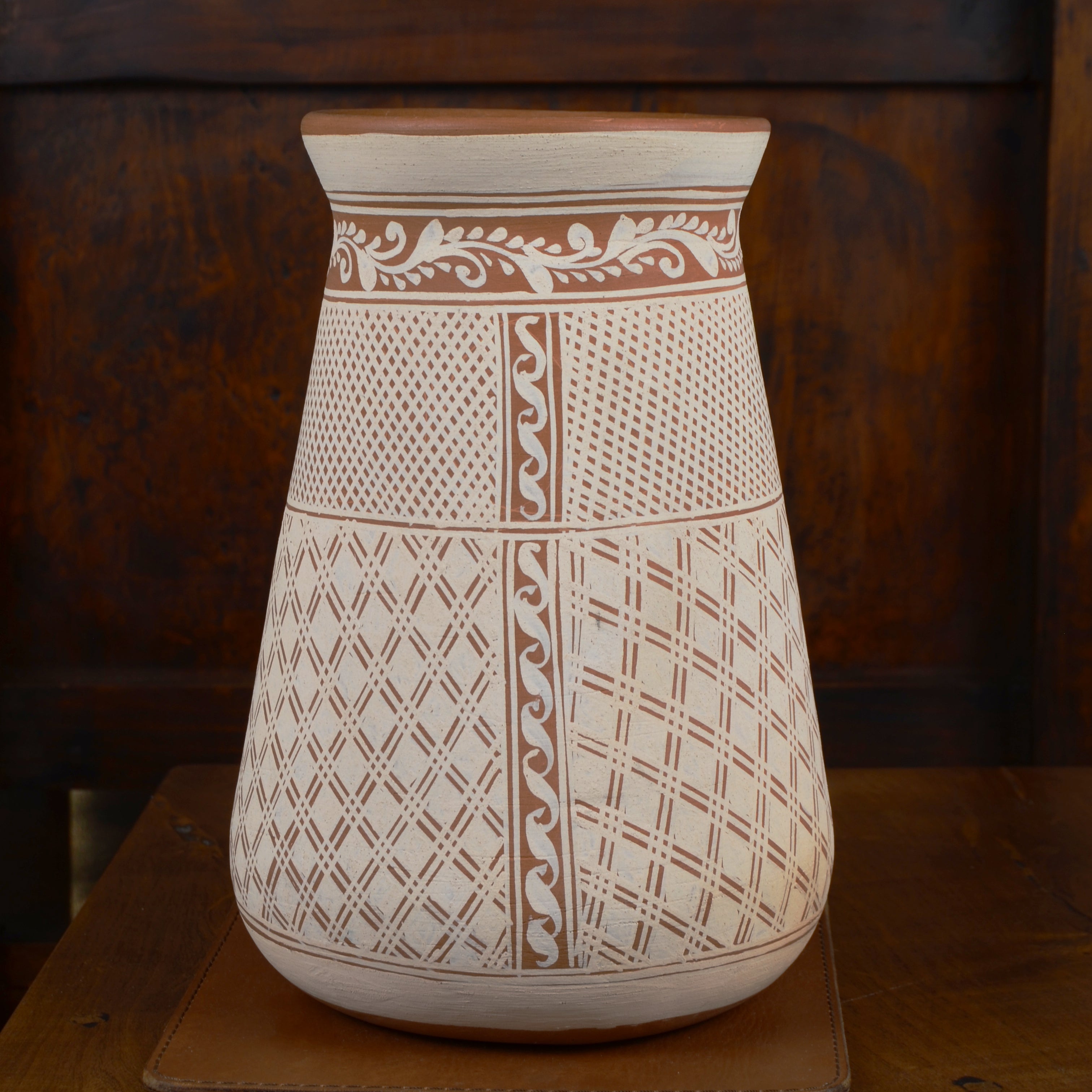 Engobe Carved Red Clay Vase