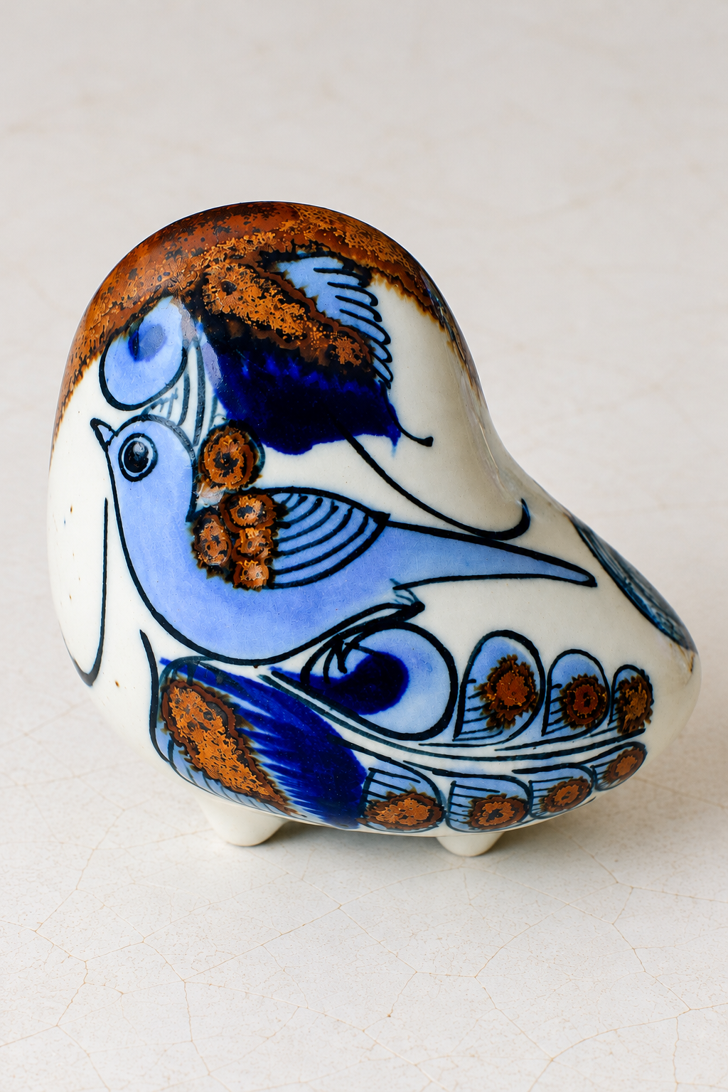 Embajada Craft El Palomar three-legged owl ceramic folk art home decor in blue and rust colors, with intricate handcrafted details.