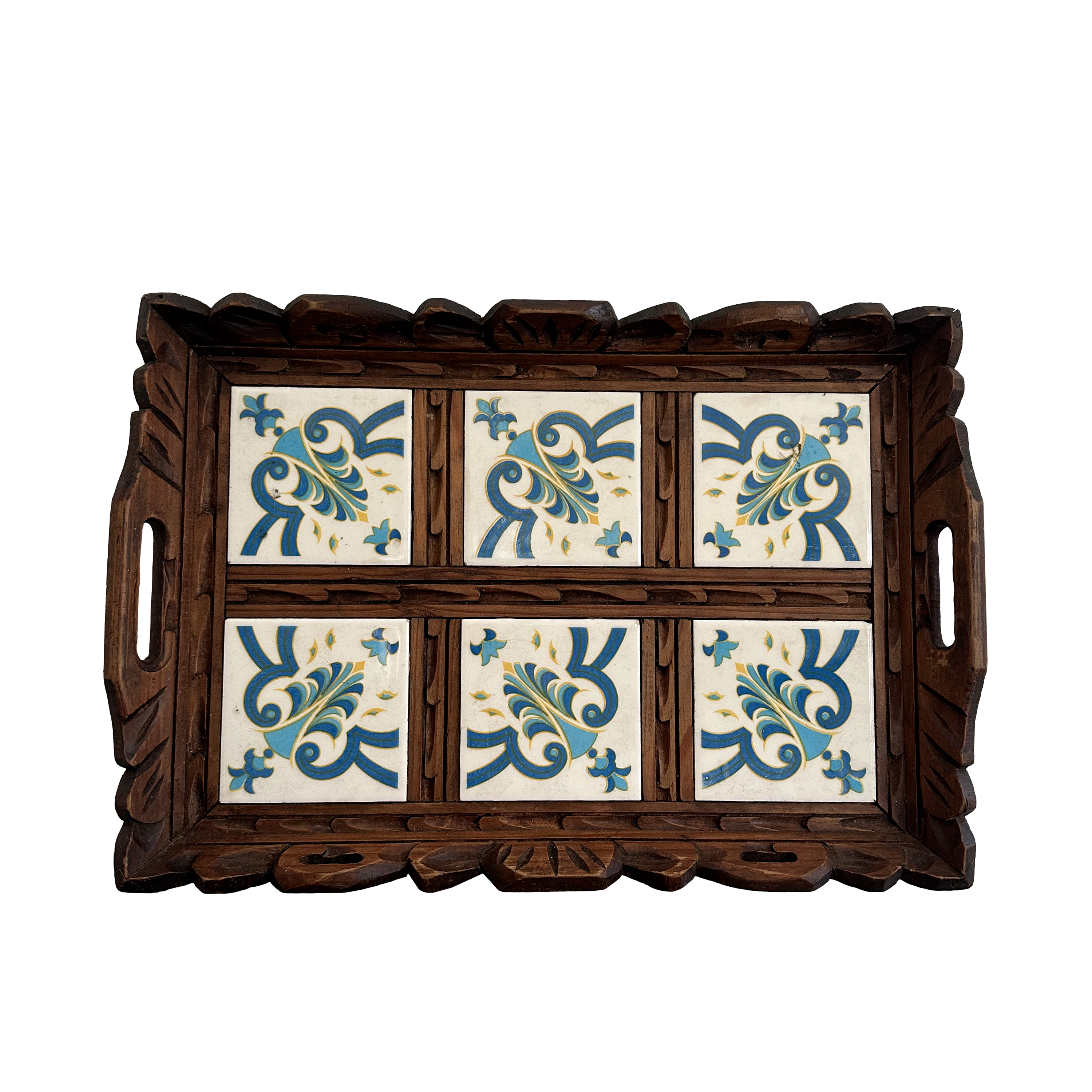 Hand Carved Wooden Tray with Inlaid Tiles