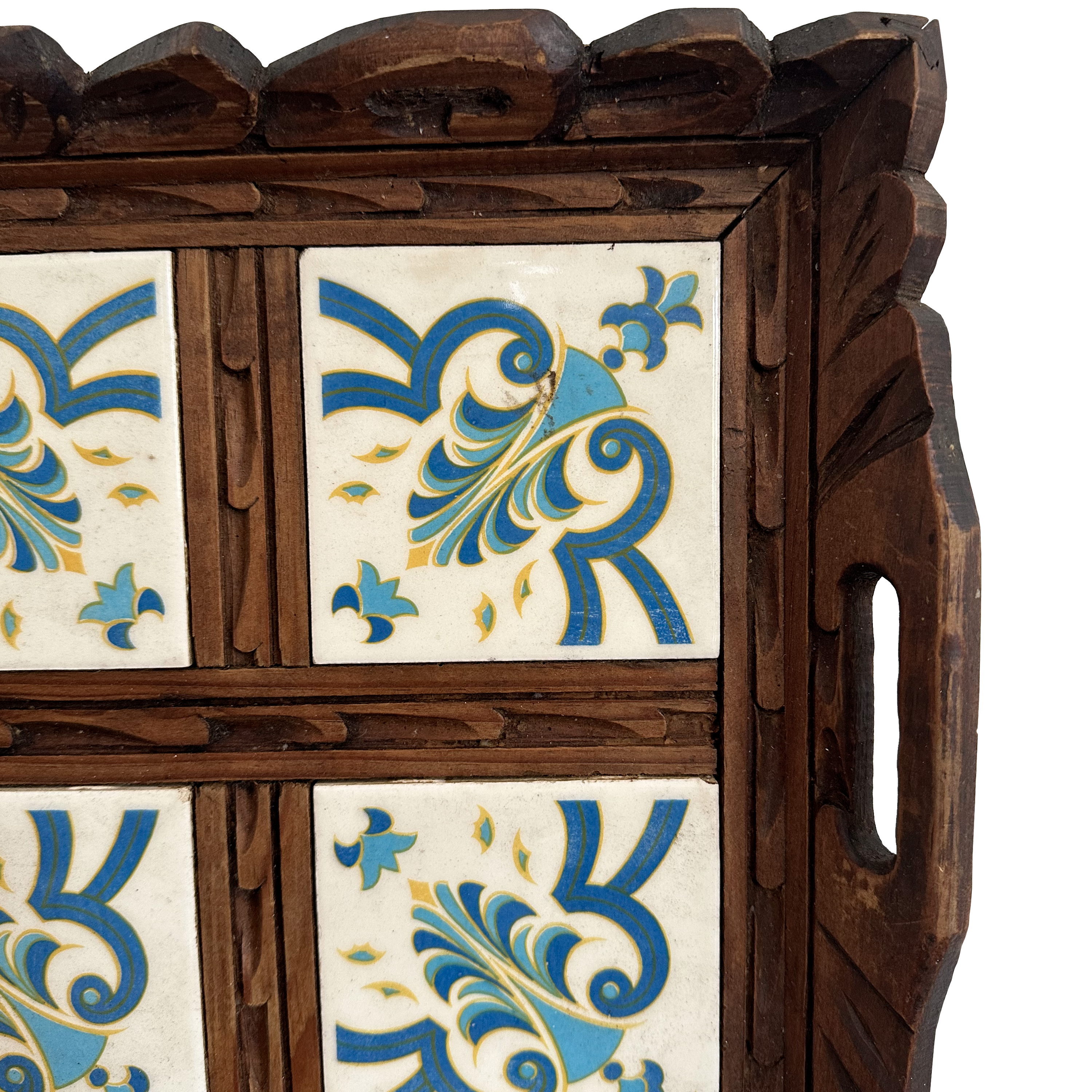 Hand Carved Wooden Tray with Inlaid Tiles