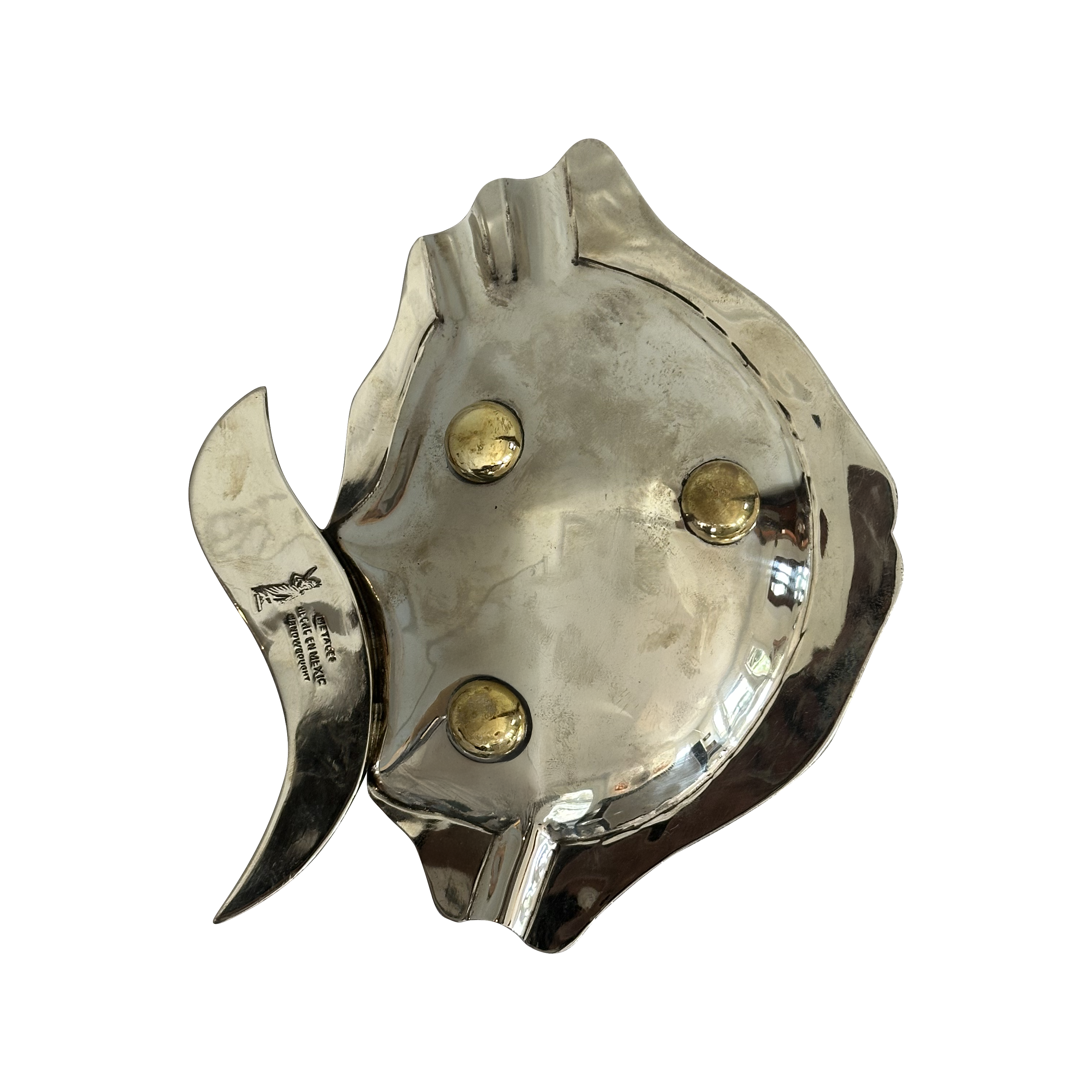 Los Castillo Silver Plated Wrought Iron Fish Ashtray with Inlaid Abalone Shell