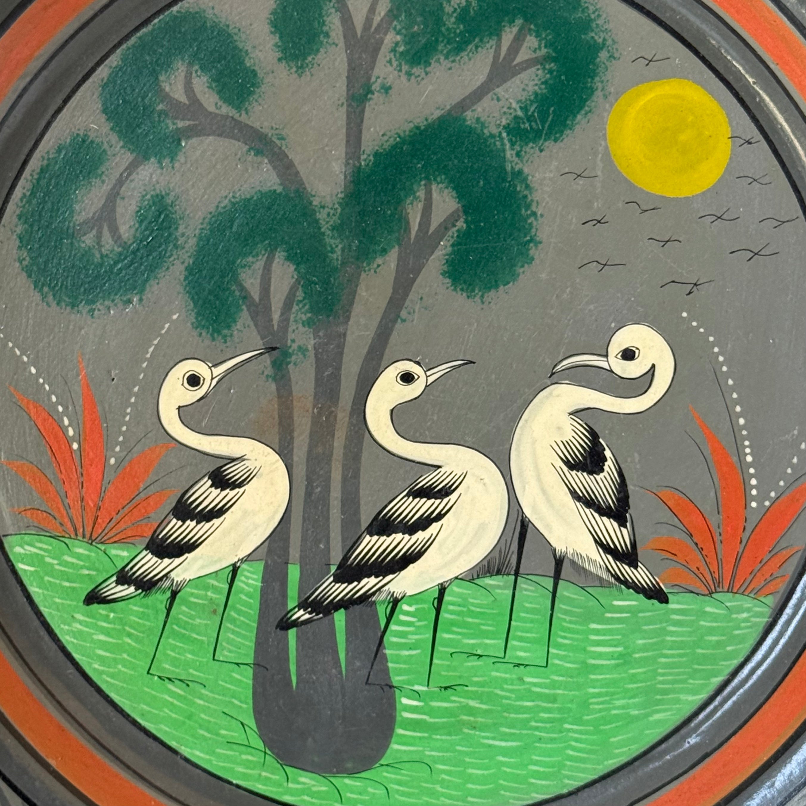 Hand Painted Clay Plate with Bird and Landscape Motif