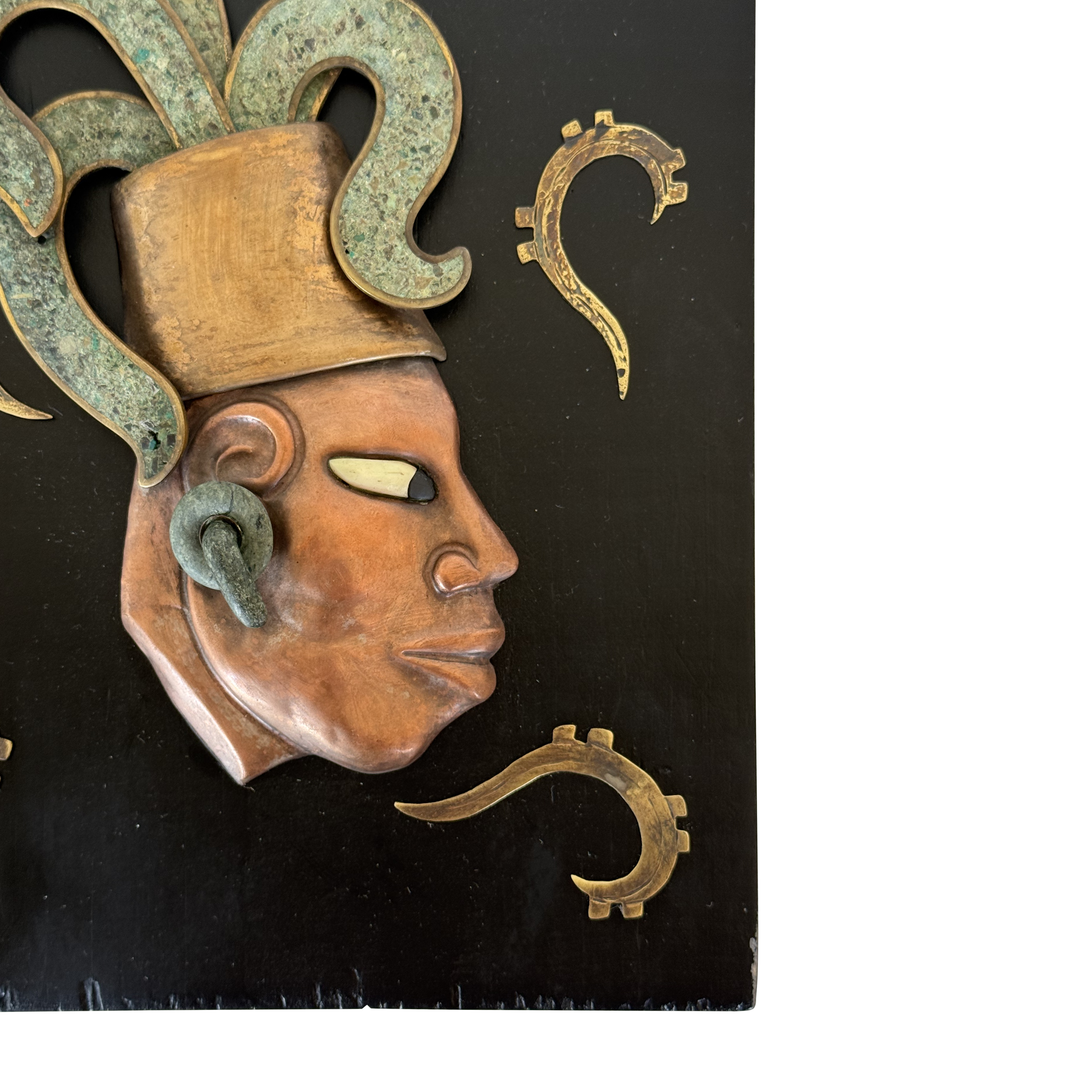 Los Castillo Mayan Figure in Wood, Metal, and Inlaid Malachite
