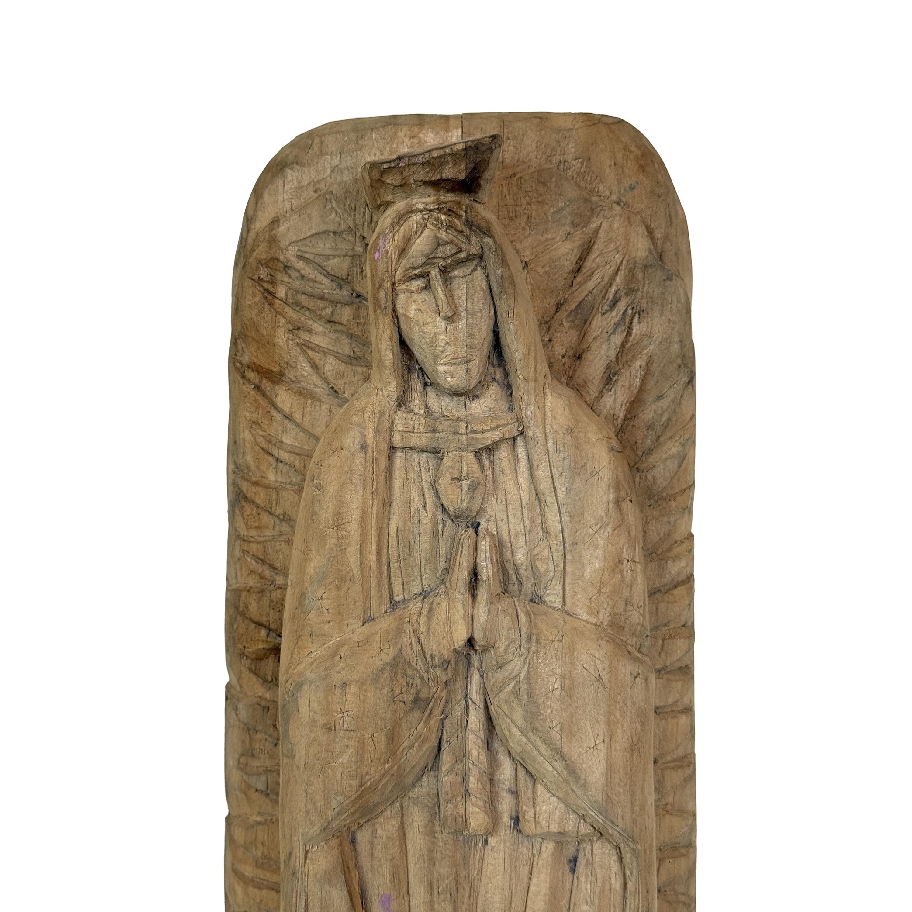 Antique Hand Carved Virgen de Guadalupe Wooden Statue