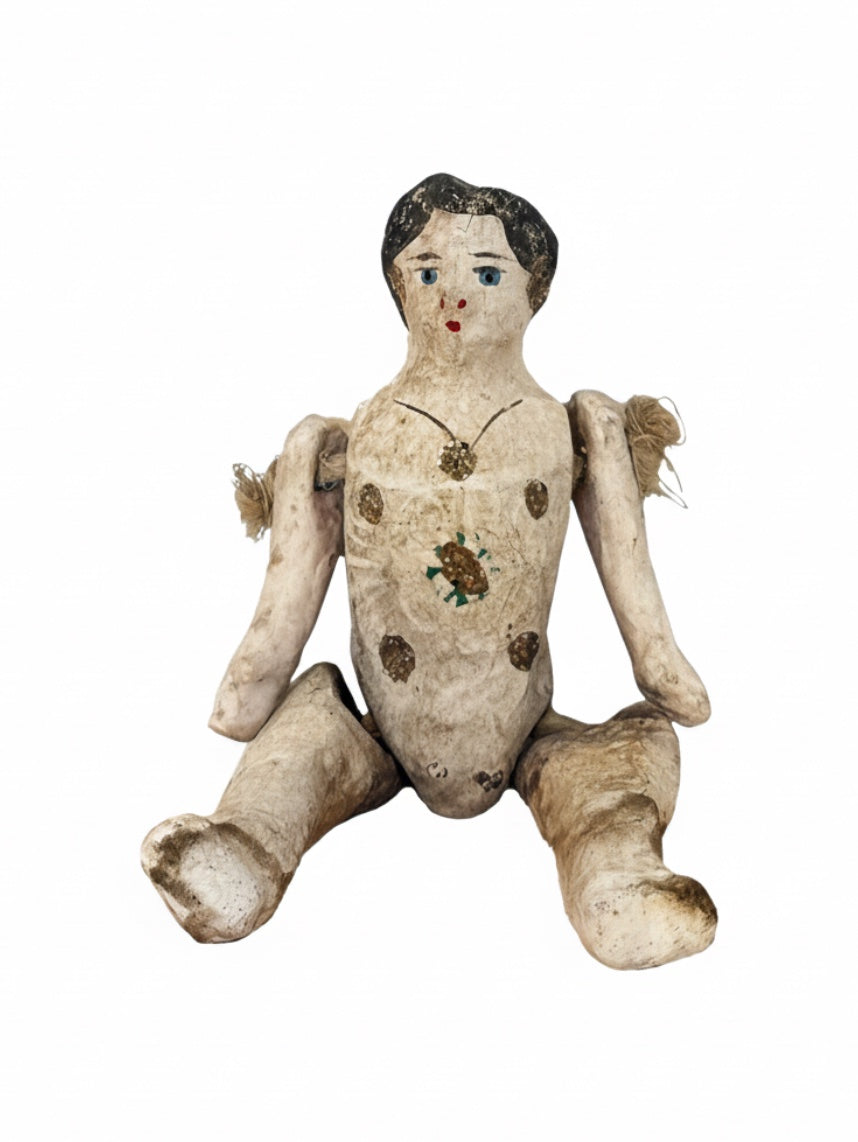 Antique Papier-Mâché Lupita doll from Embajada Vintage, detailed home decor figure with traditional Mexican craftsmanship.