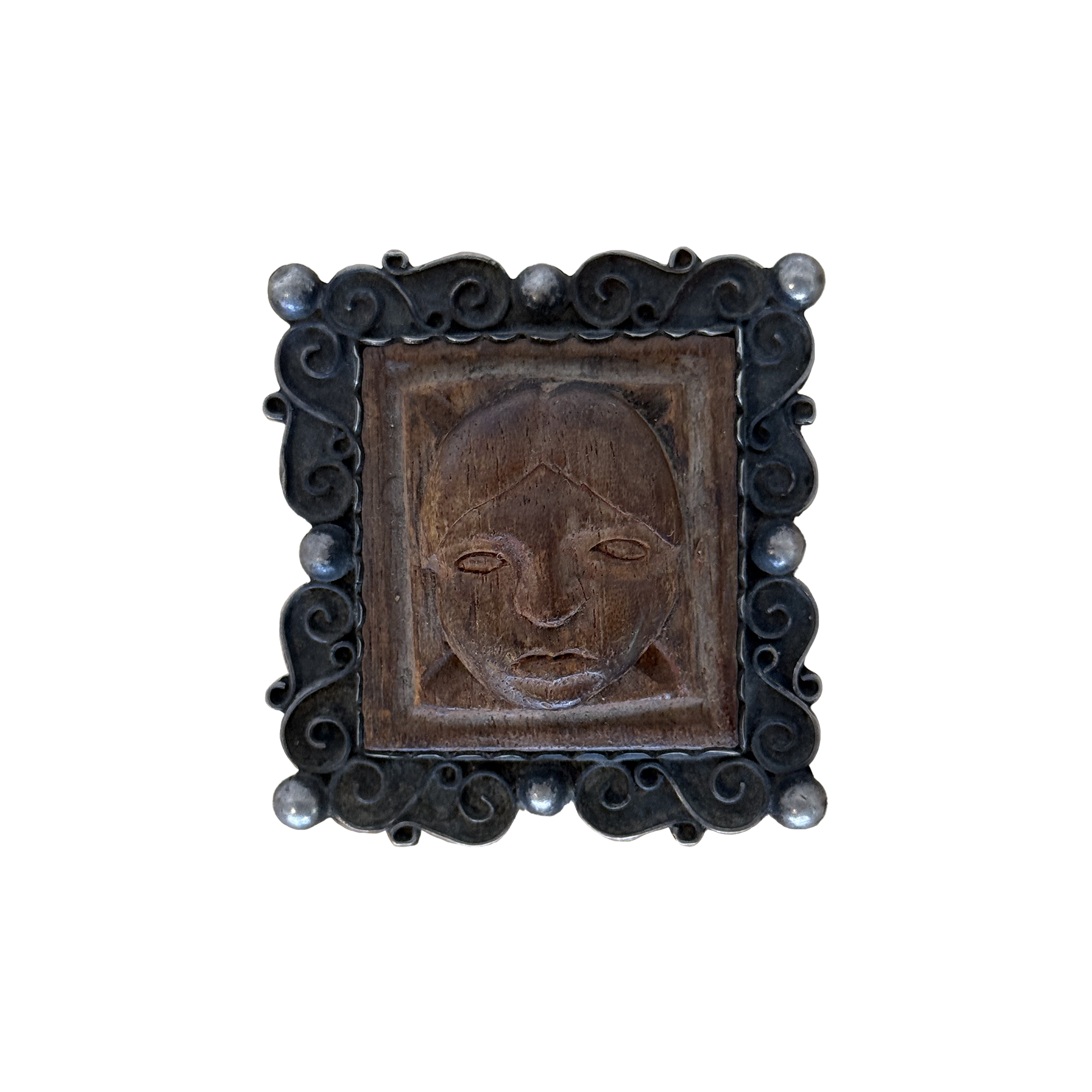 Wood and Silver Portrait Brooch, Taxco c 1950
