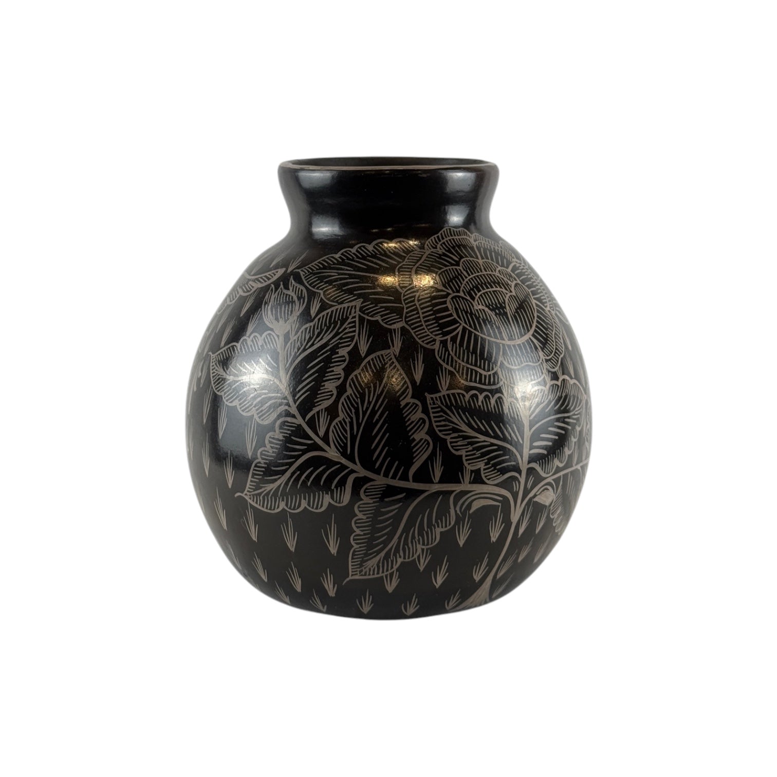Huancito Clay Black Vase with Floral and Bird Motif