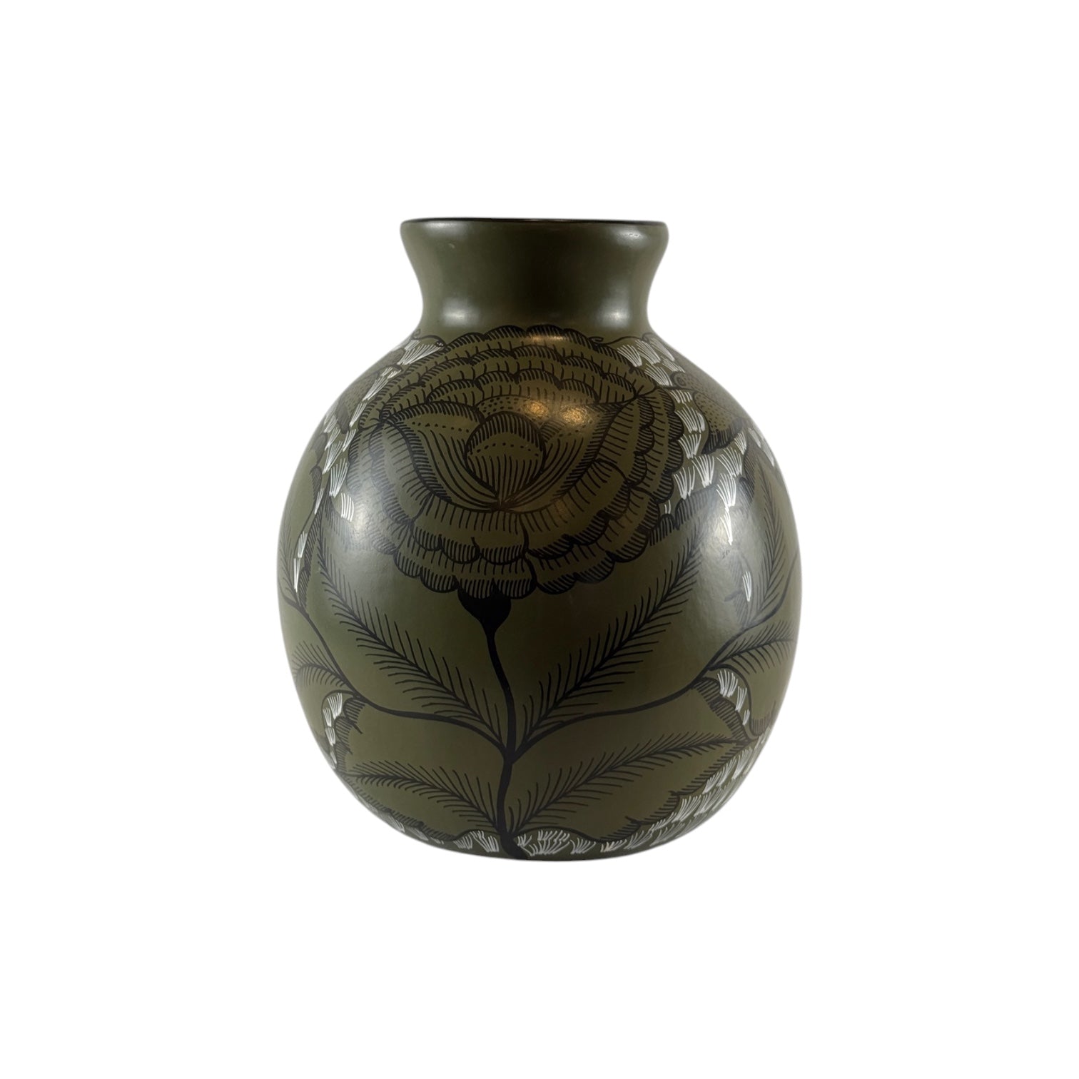 Huancito Clay Olive Green Vase with Floral Motif