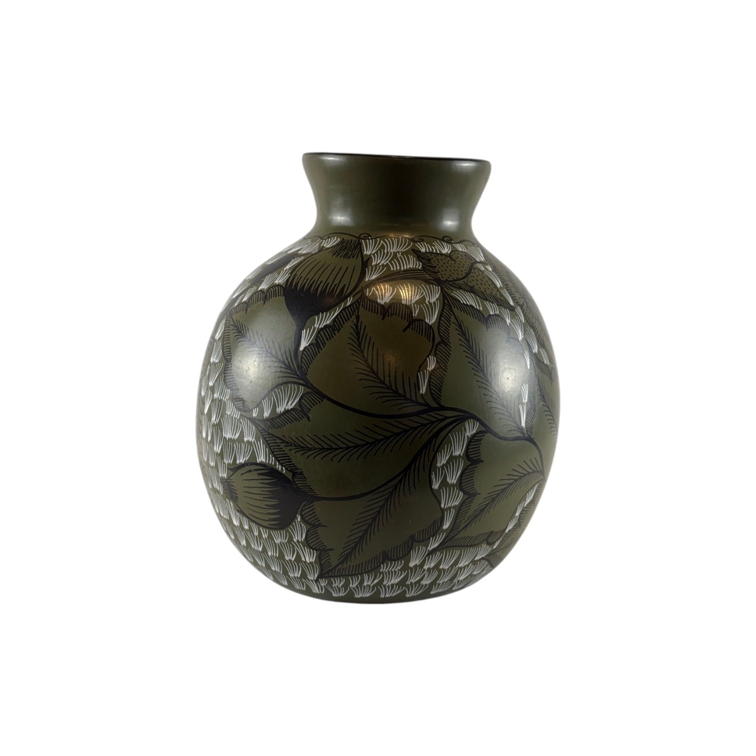 Huancito Clay Olive Green Vase with Floral Motif