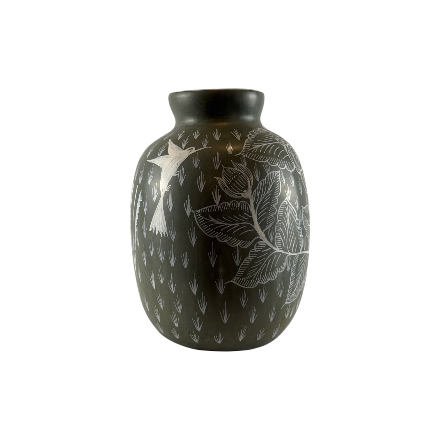 Huancito Clay Sage Vase with Hummingbird and Floral Motif