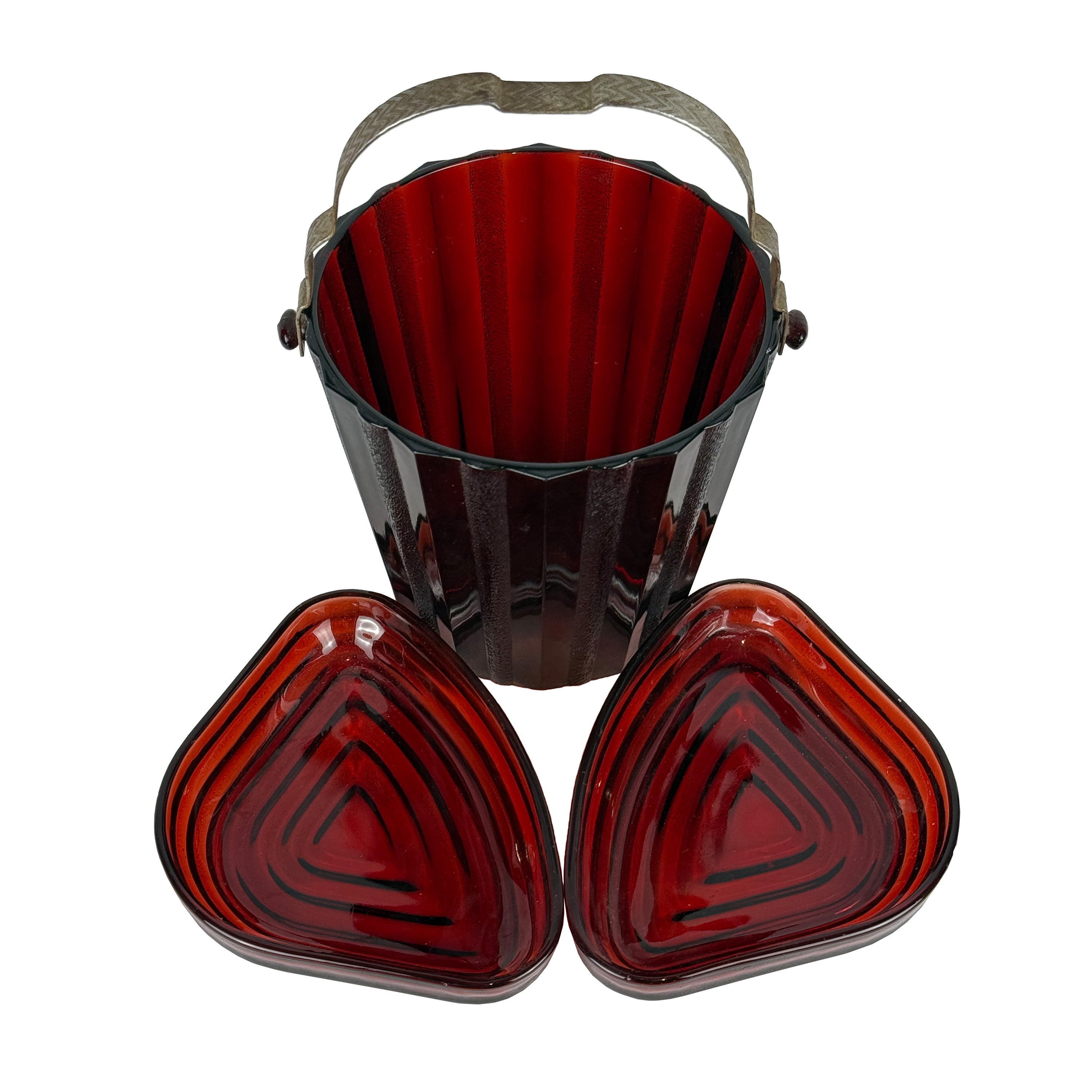 Red Glass Ice Bucket and Snack Plates c. 1950s