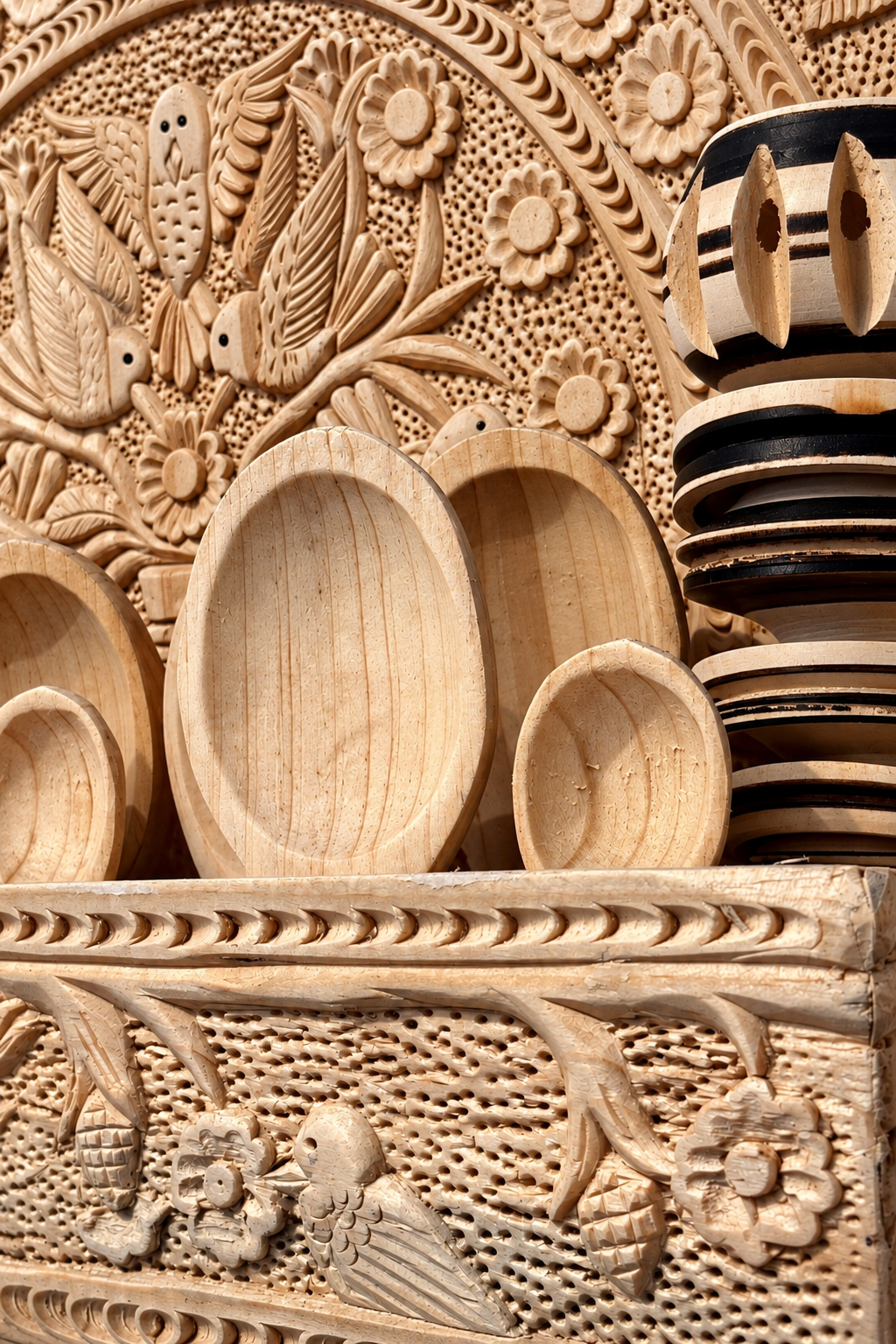 Hand-carved 15-piece Trastero home decor set from La Embajada featuring intricate wooden owl carvings on display.