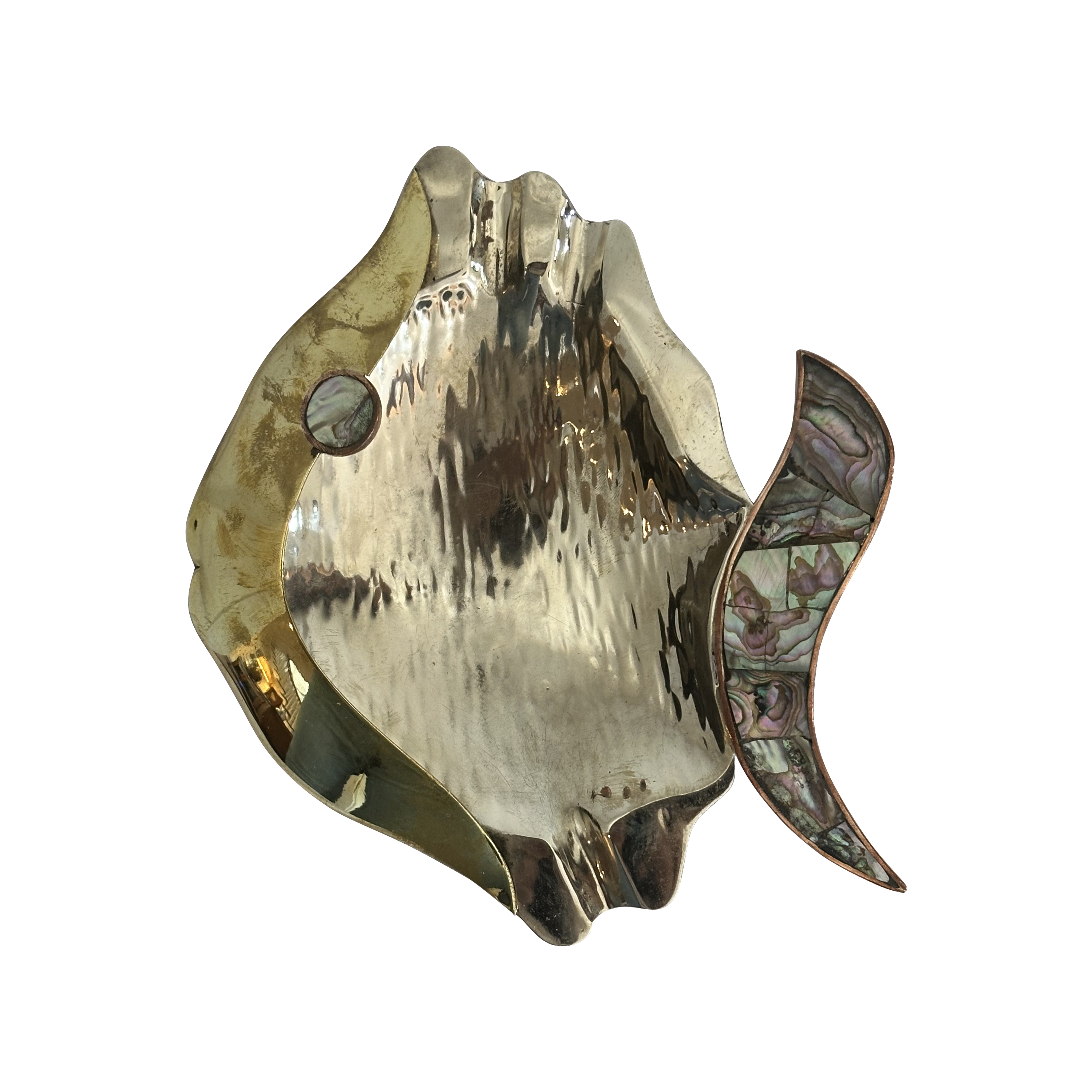 Los Castillo Silver Plated Wrought Iron Fish Ashtray with Inlaid Abalone Shell