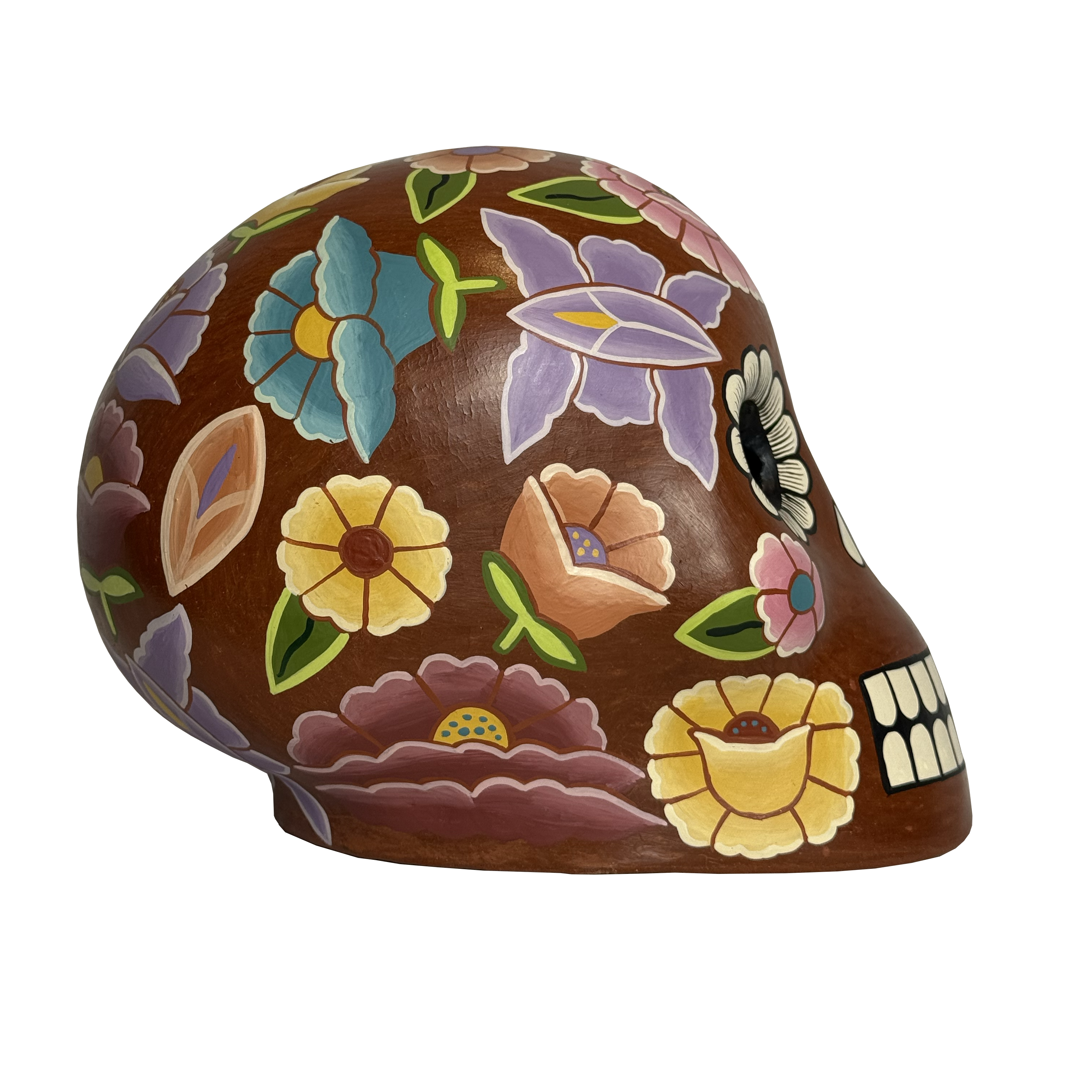 Burnished Dia de Muertos Skull with Hand Painted Flowers