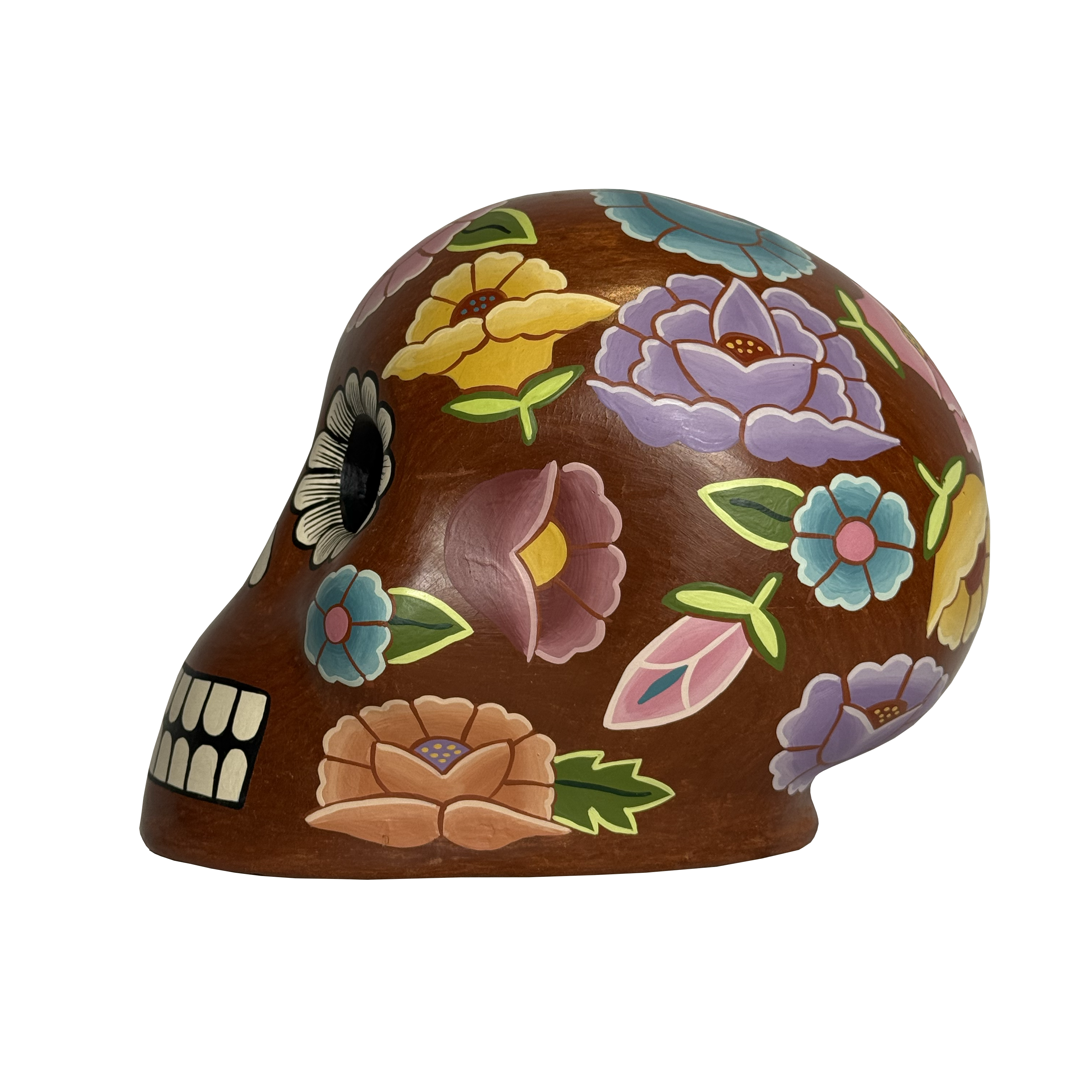 Burnished Dia de Muertos Skull with Hand Painted Flowers