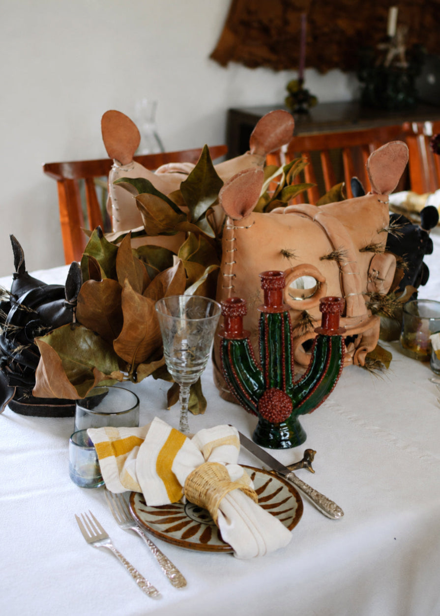 Glazed Clay Candelabra — Three-Armed Cactus in Red and Green
