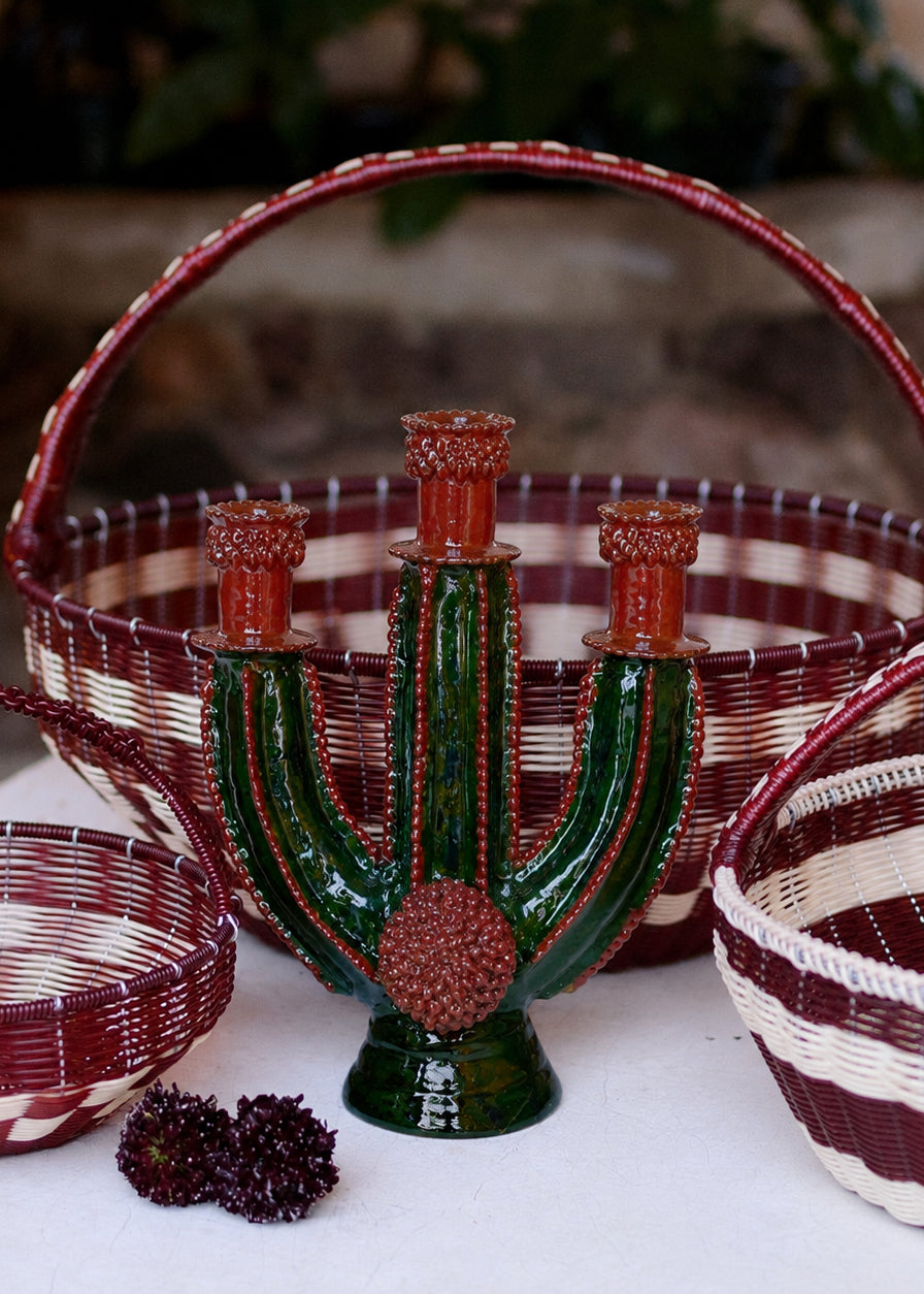 Glazed Clay Candelabra — Three-Armed Cactus in Red and Green