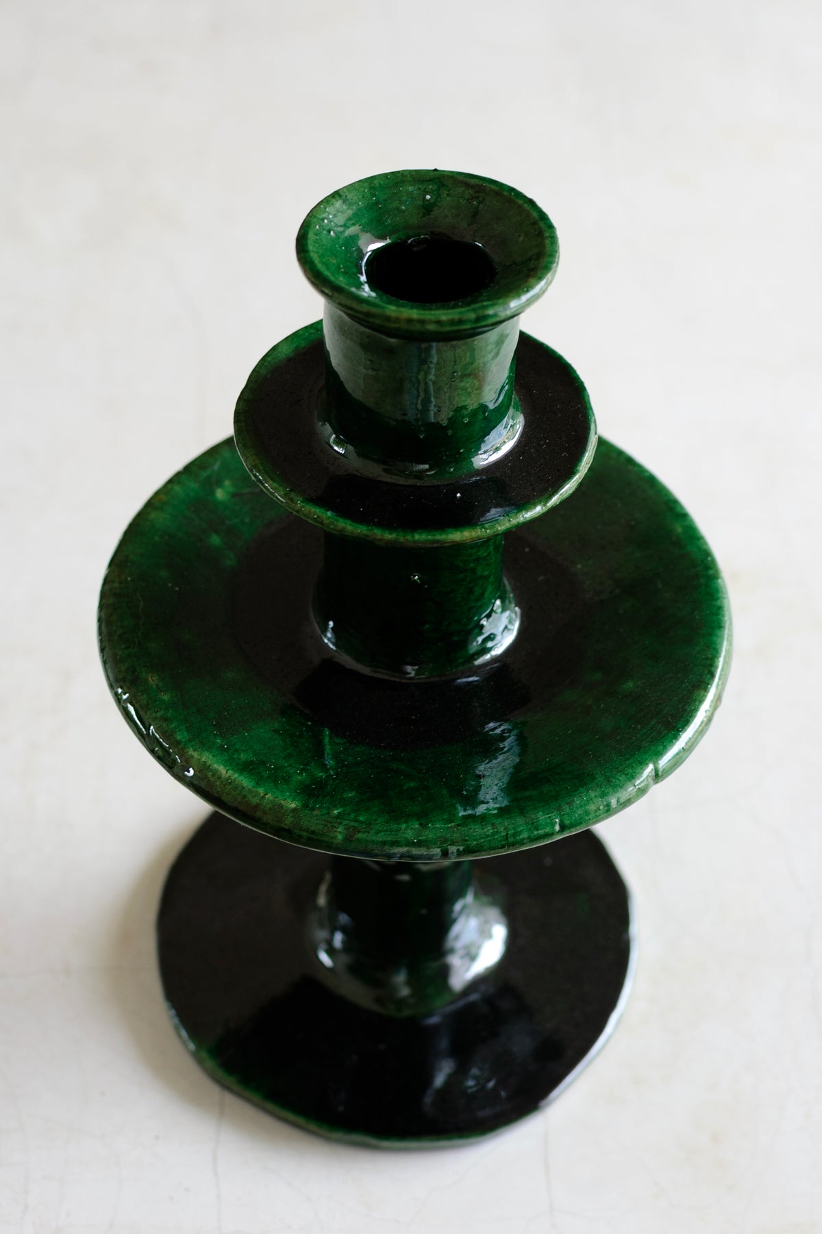 Embajada Craft Vidriado Green Three Ring Candelabra home decor with glass and metal design for elegant table centerpiece.