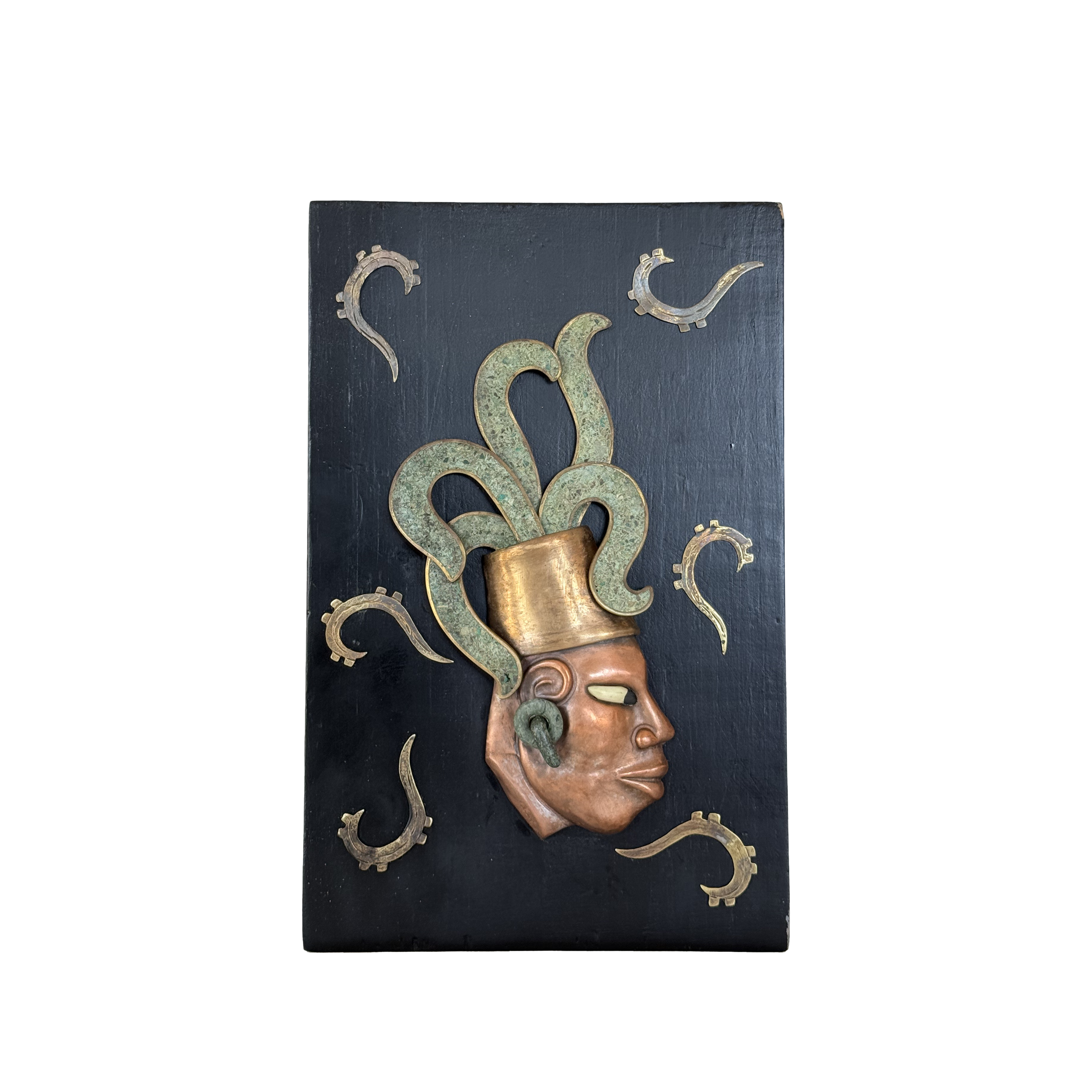 Los Castillo Mayan Figure in Wood, Metal, and Inlaid Malachite