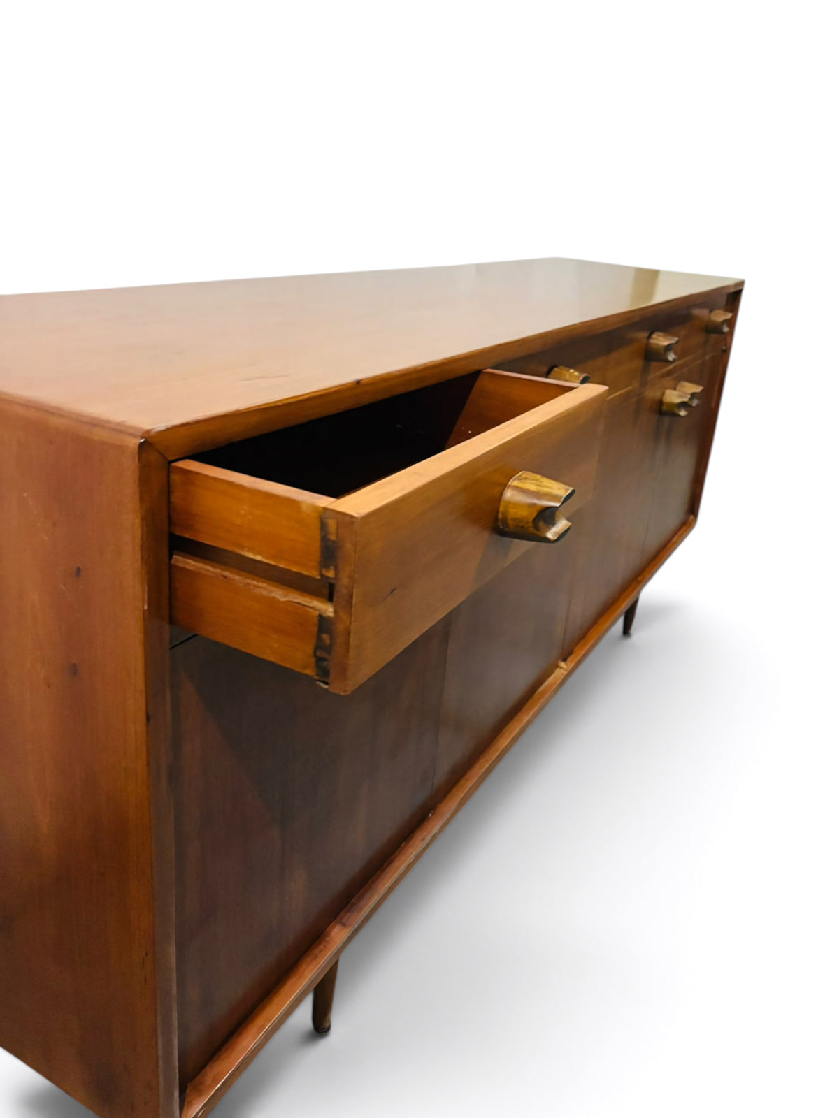 Mid-century wooden Mexican credenza with sleek design and natural finish, crafted by Embajada Vintage for stylish storage.