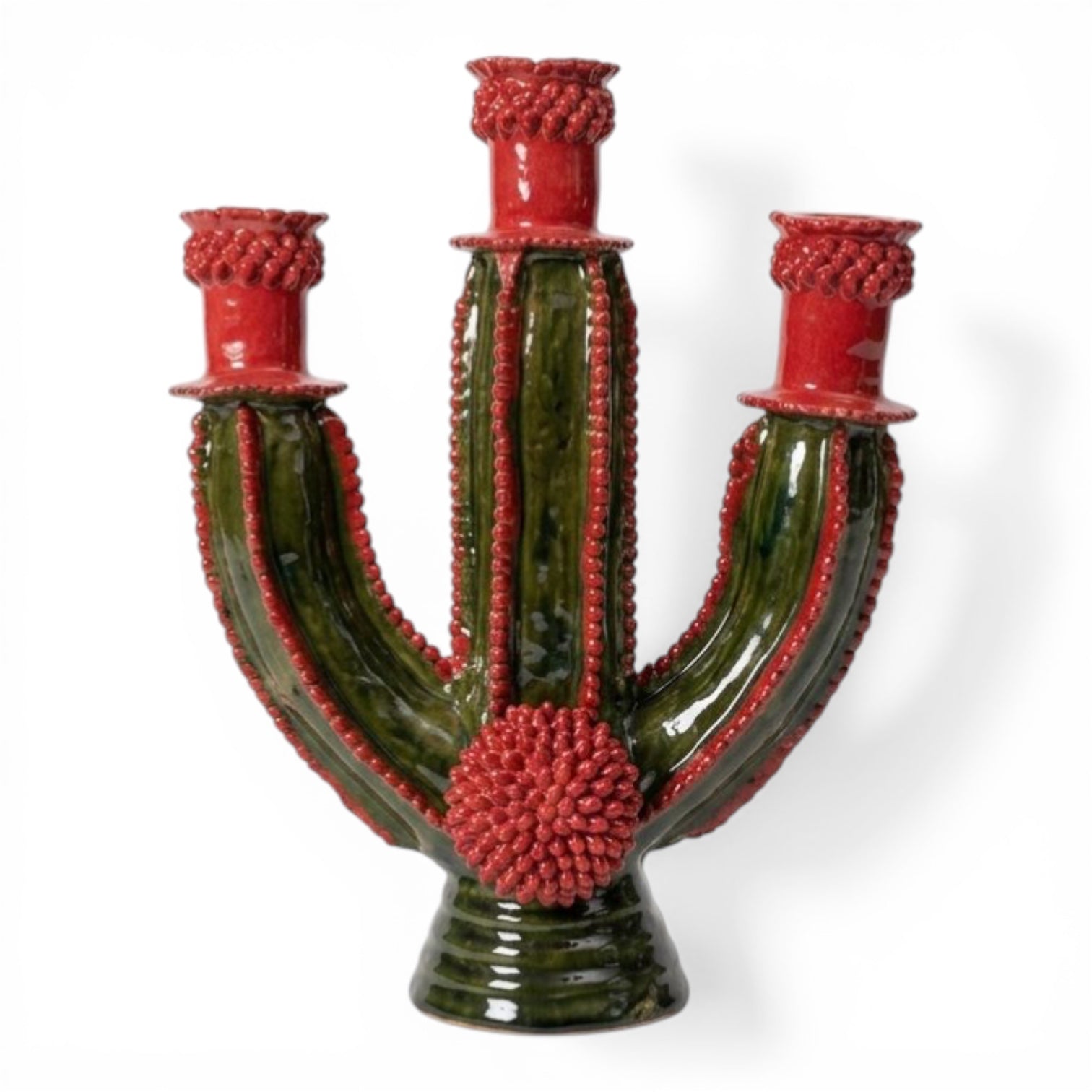 Glazed Clay Candelabra — Three-Armed Cactus in Red and Green