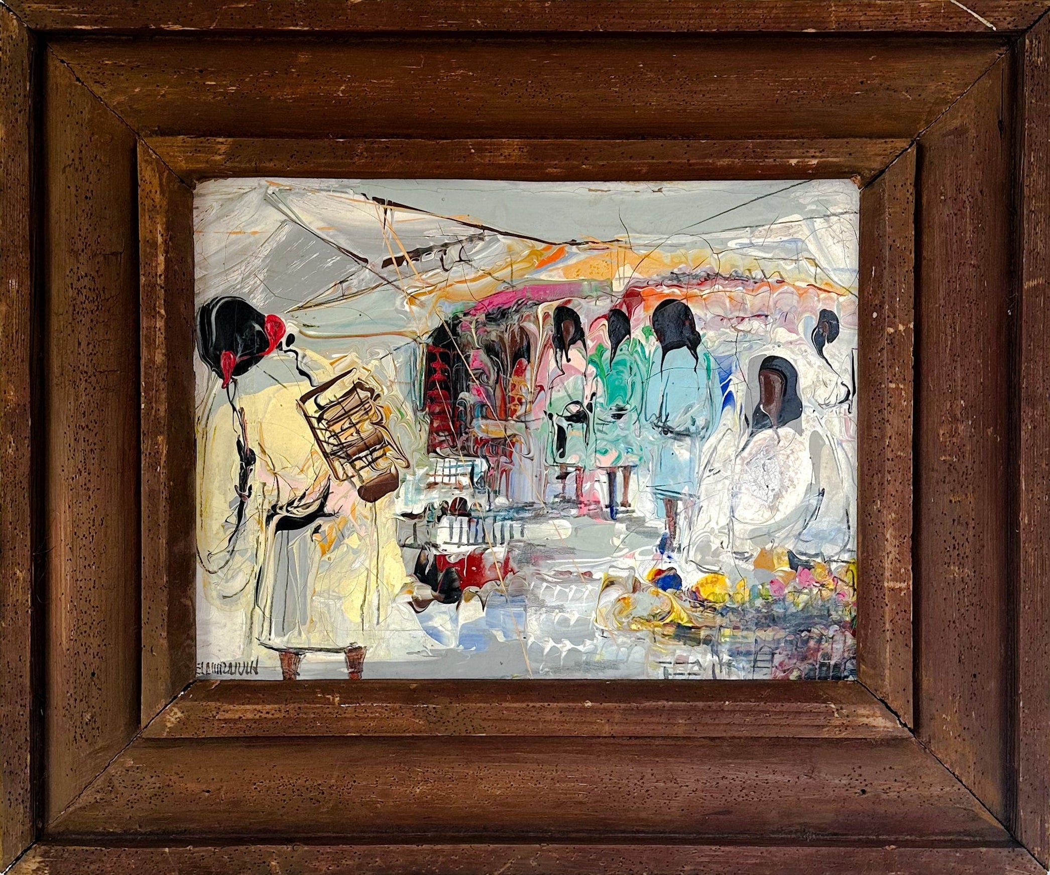 Signed León Belaunzarán acrylic painting of a market scene, vintage home decor artwork by Embajada Vintage.