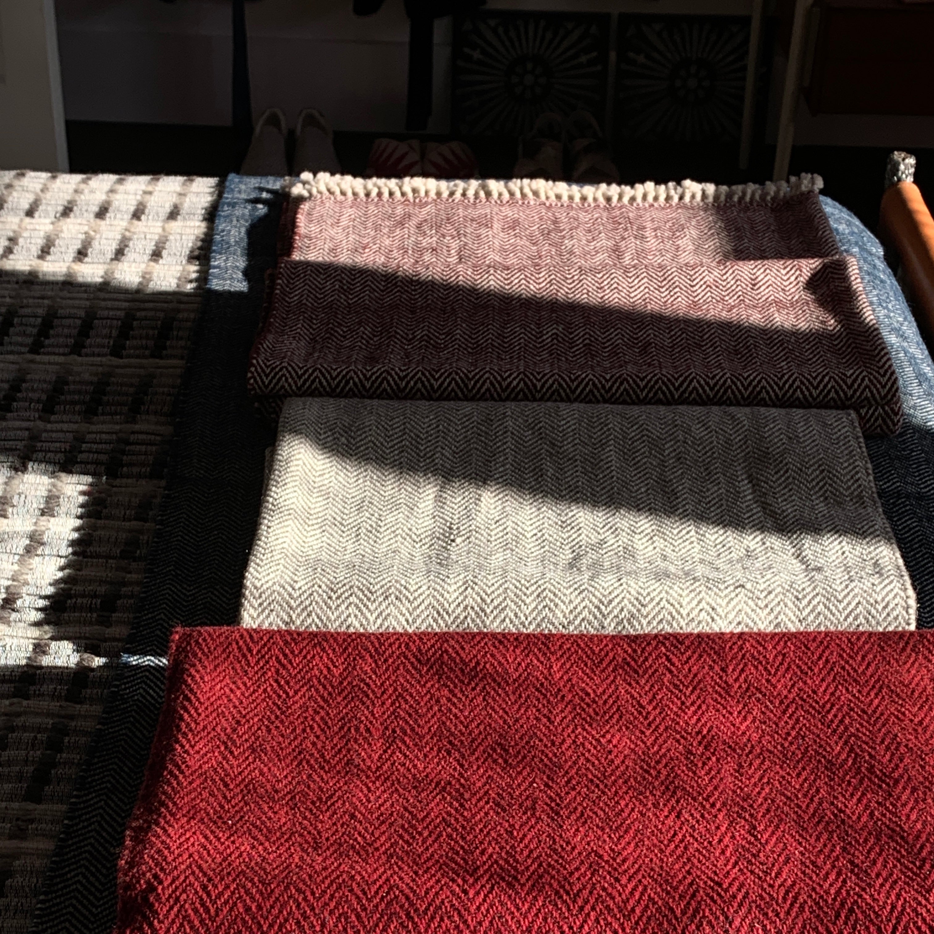 Cochineal and Natural Herringbone Bed throw