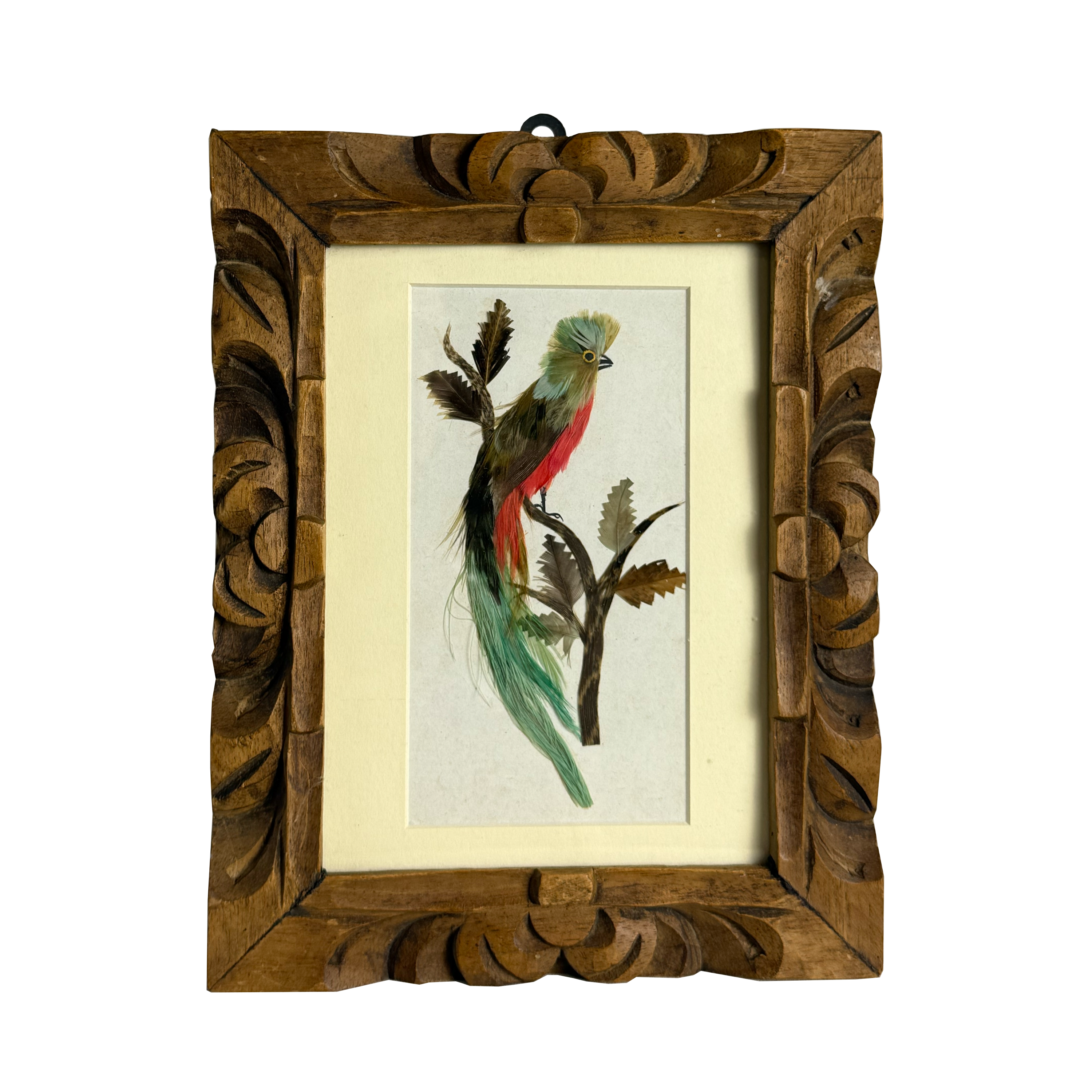 Vintage Mexican Feather Art in Wooden Frame