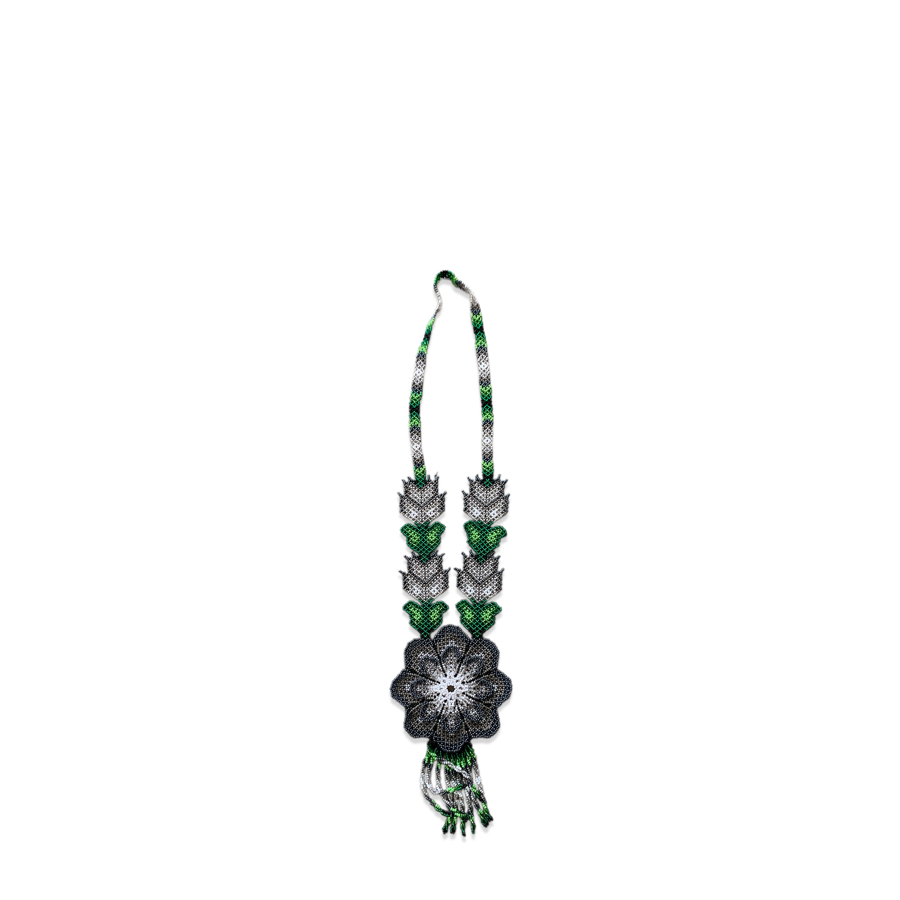 Huichol Chaquira Necklace, Green and gray. C. 1990's.