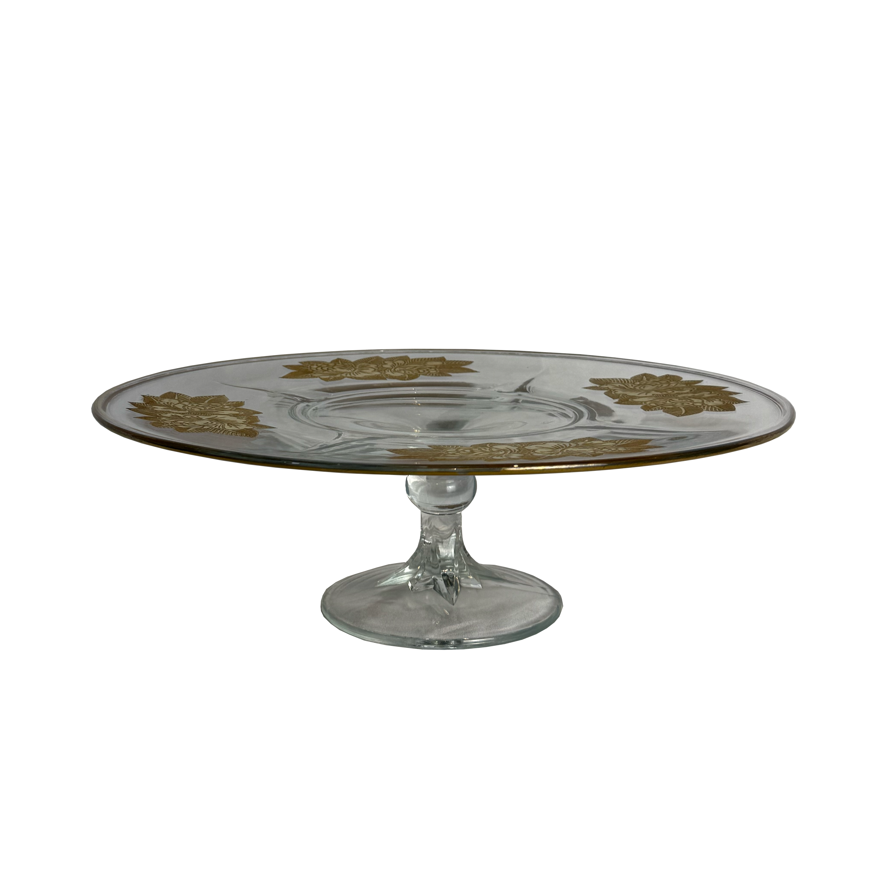 Vintage Cake Stand in Glass with Golden Flower Motif