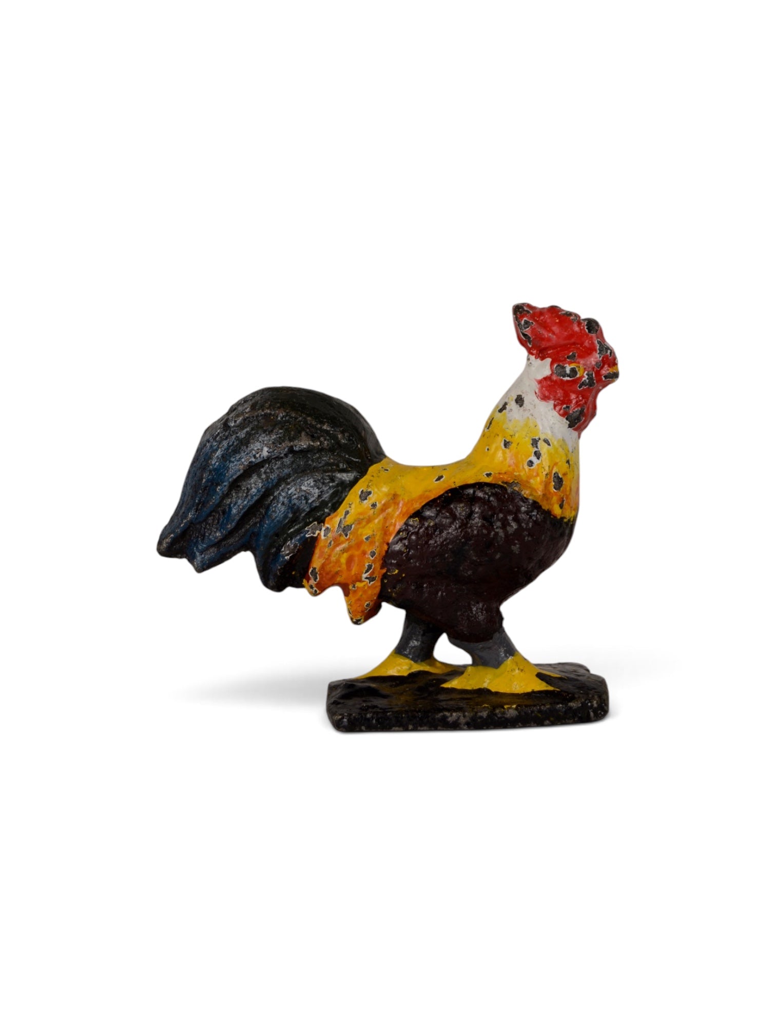 Polychrome iron rooster decorative sculpture for home decor, crafted by Embajada Vintage, with vibrant multicolored finish.