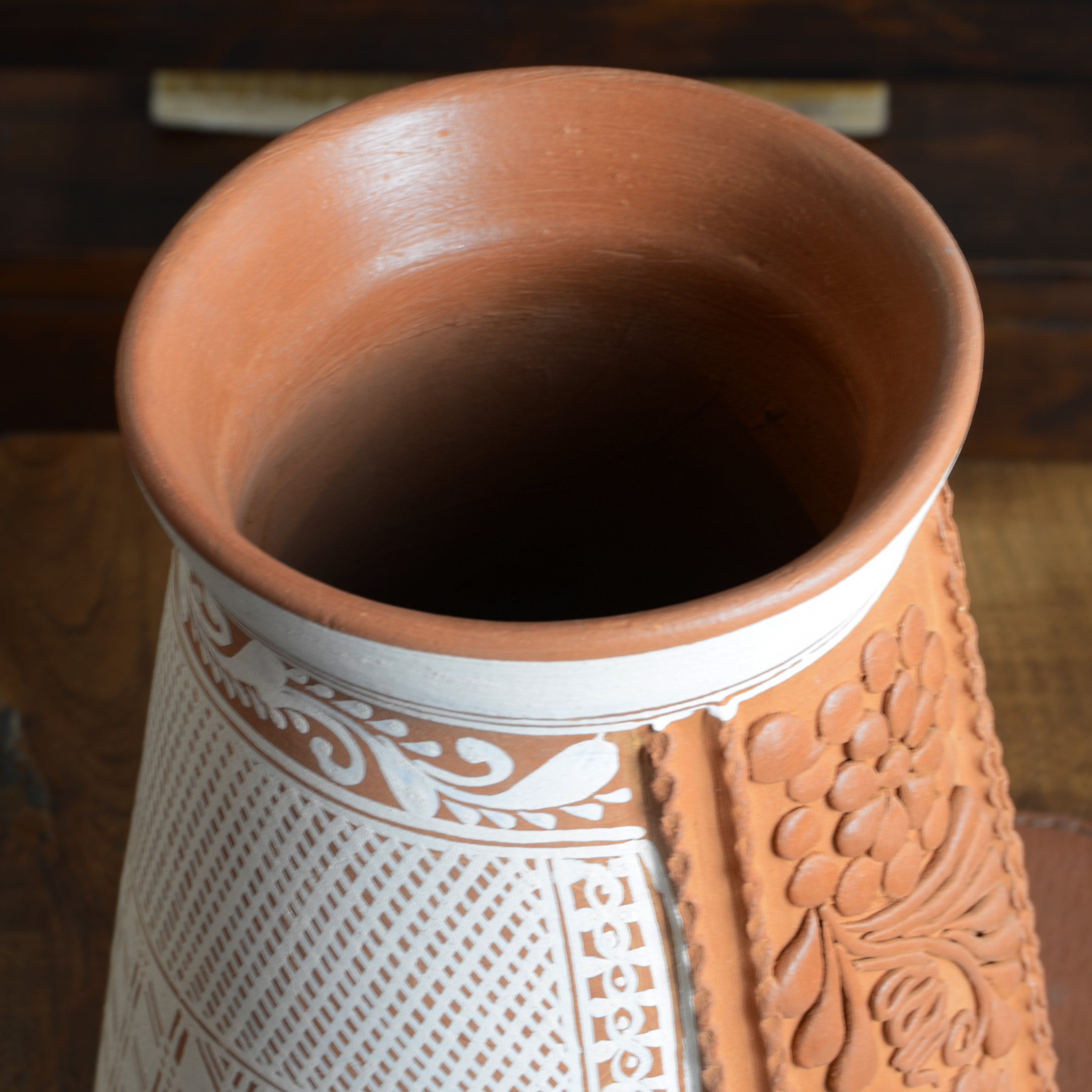 Engobe Carved Red Clay Vase
