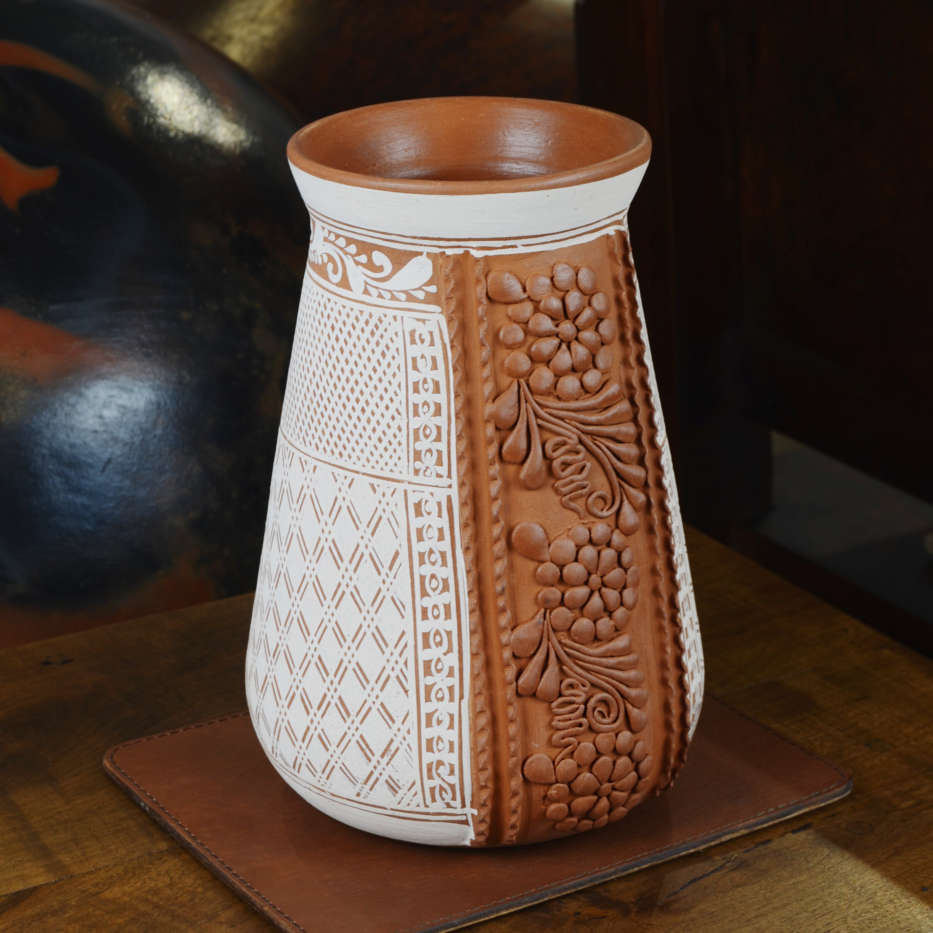 Engobe Carved Red Clay Vase