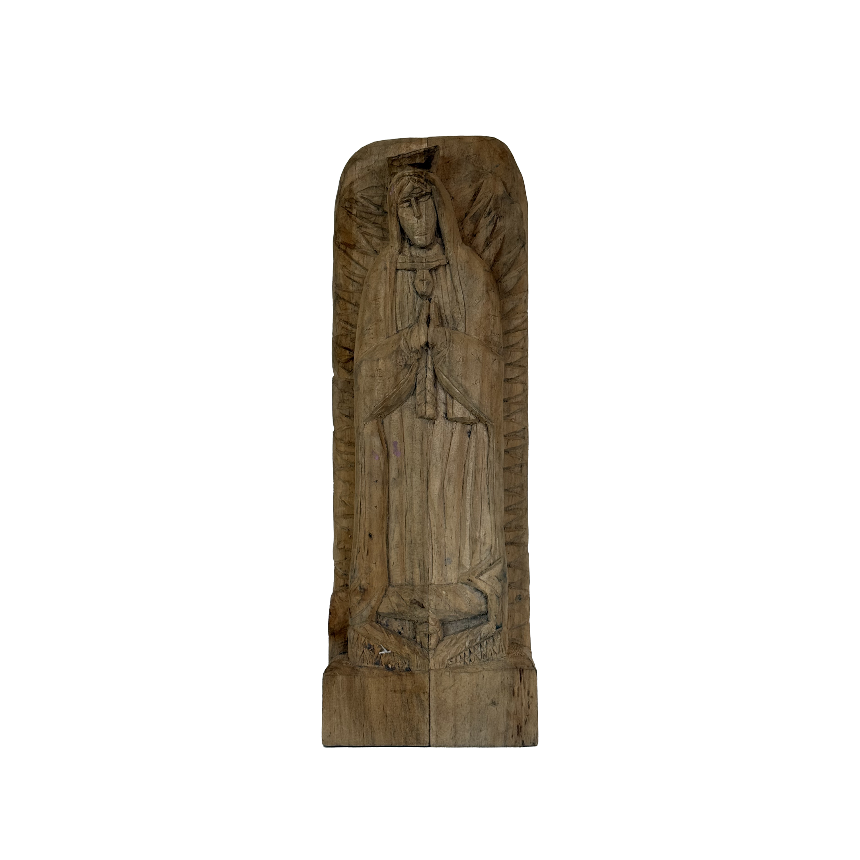 Antique Hand Carved Virgen de Guadalupe Wooden Statue