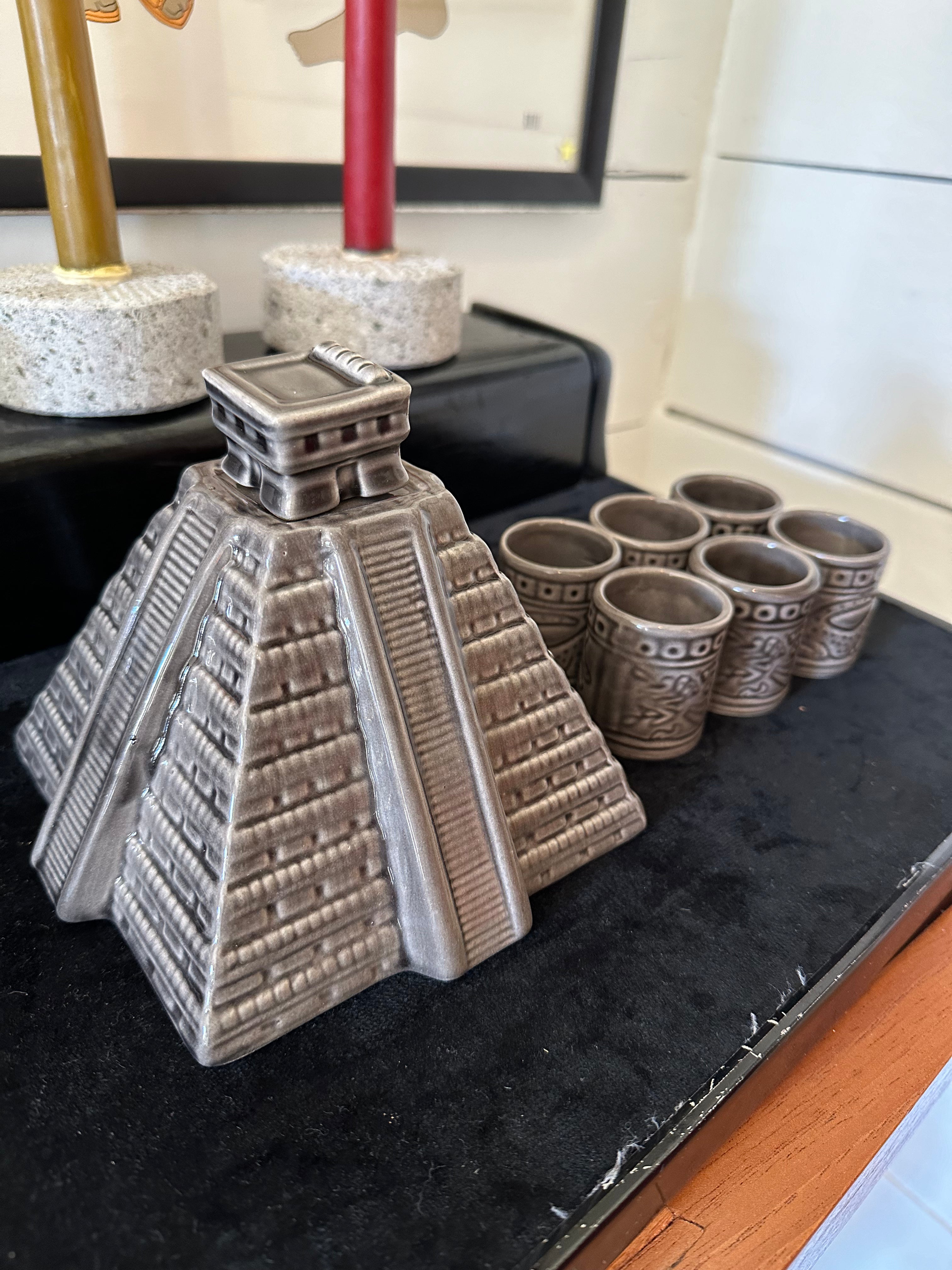 Tenochtitlan Pyramid Decanter Bottle with Mezcal Cups (Sold as Set)