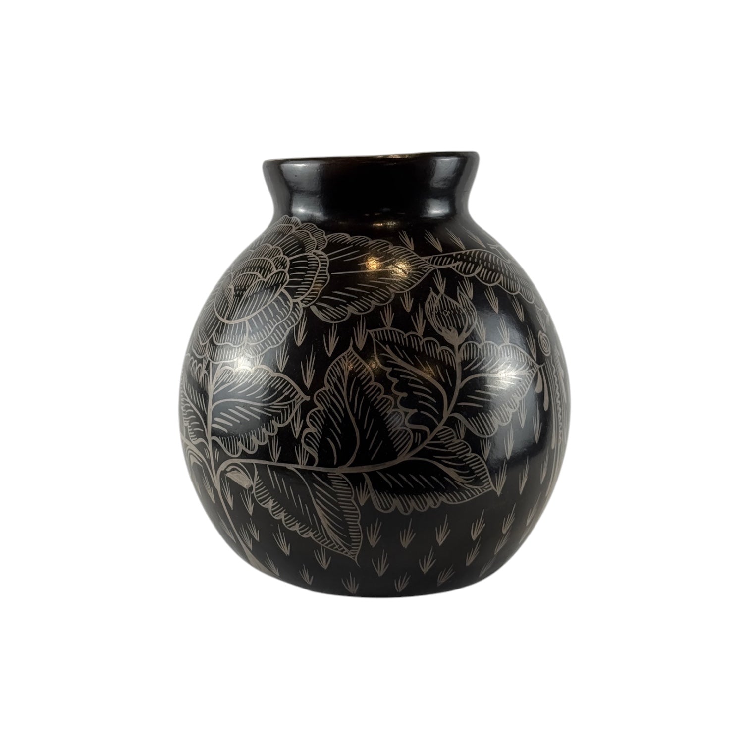 Huancito Clay Black Vase with Floral and Bird Motif