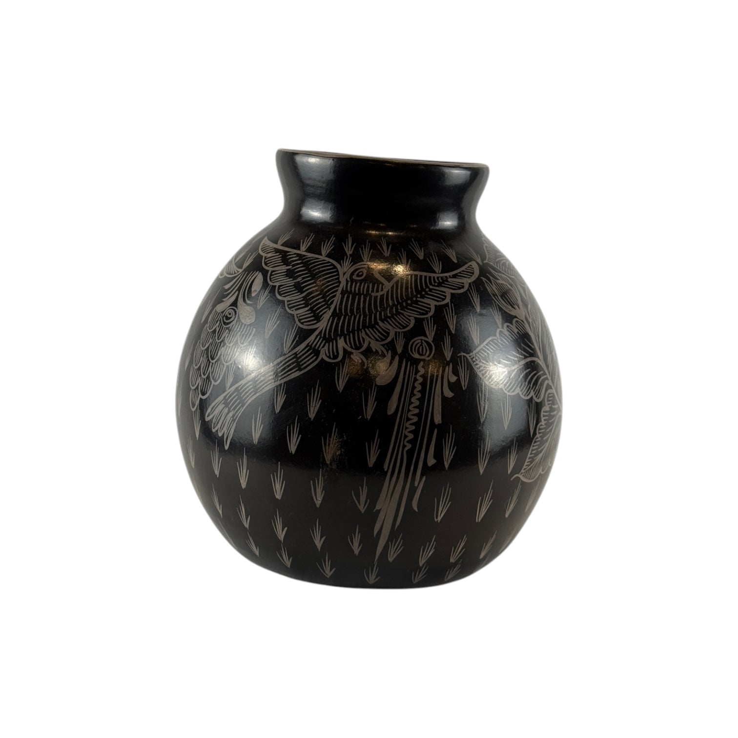 Huancito Clay Black Vase with Floral and Bird Motif