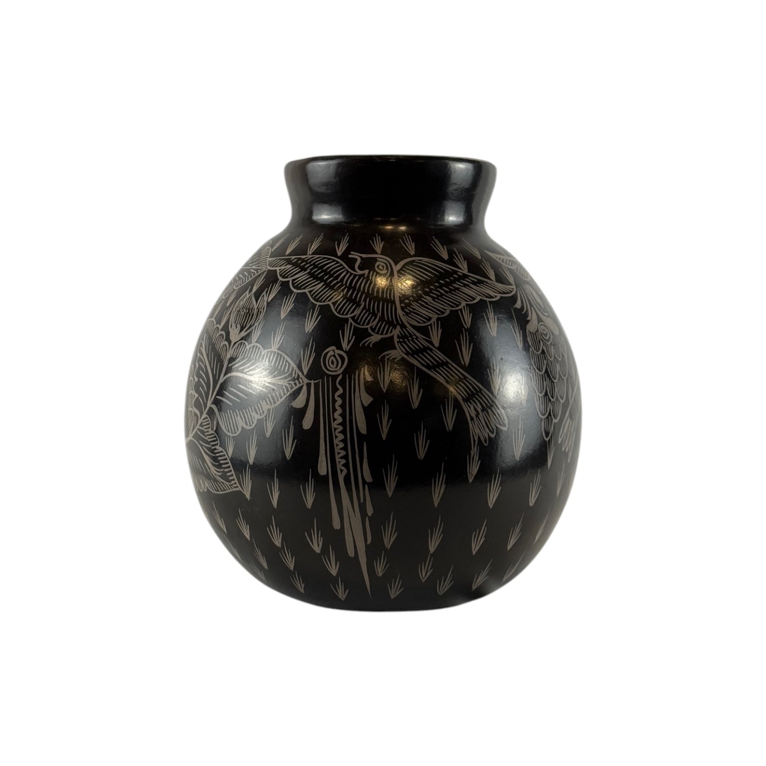 Huancito Clay Black Vase with Floral and Bird Motif