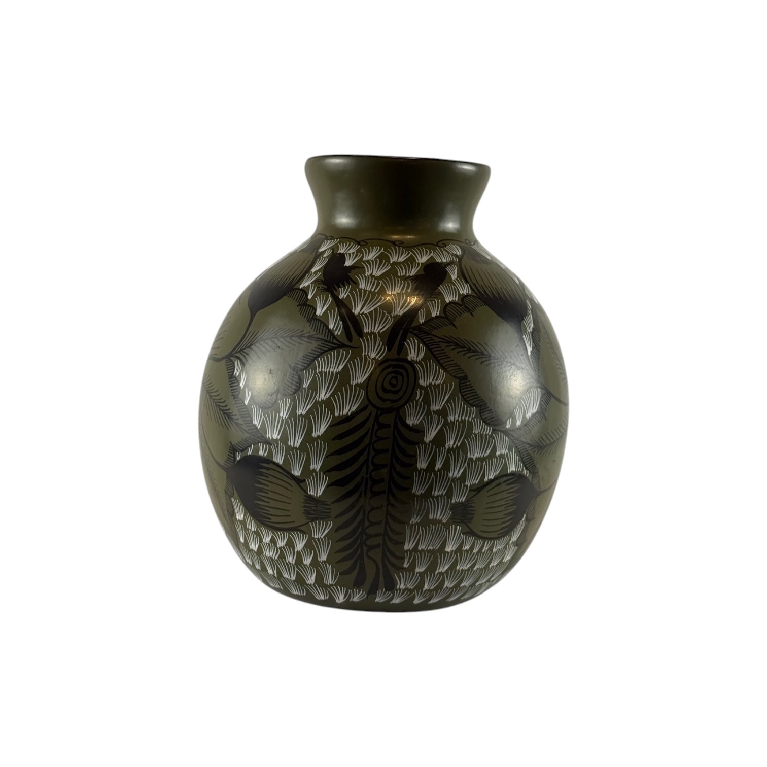 Huancito Clay Olive Green Vase with Floral Motif