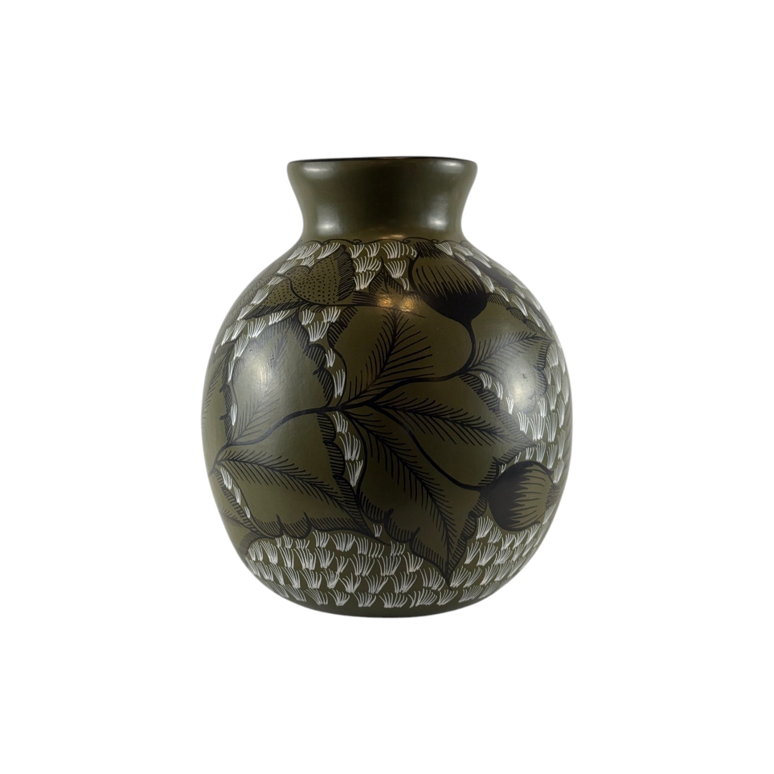 Huancito Clay Olive Green Vase with Floral Motif