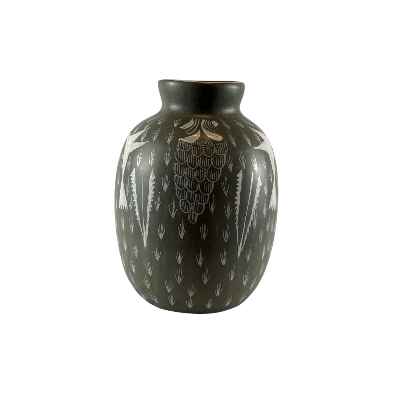 Huancito Clay Sage Vase with Hummingbird and Floral Motif